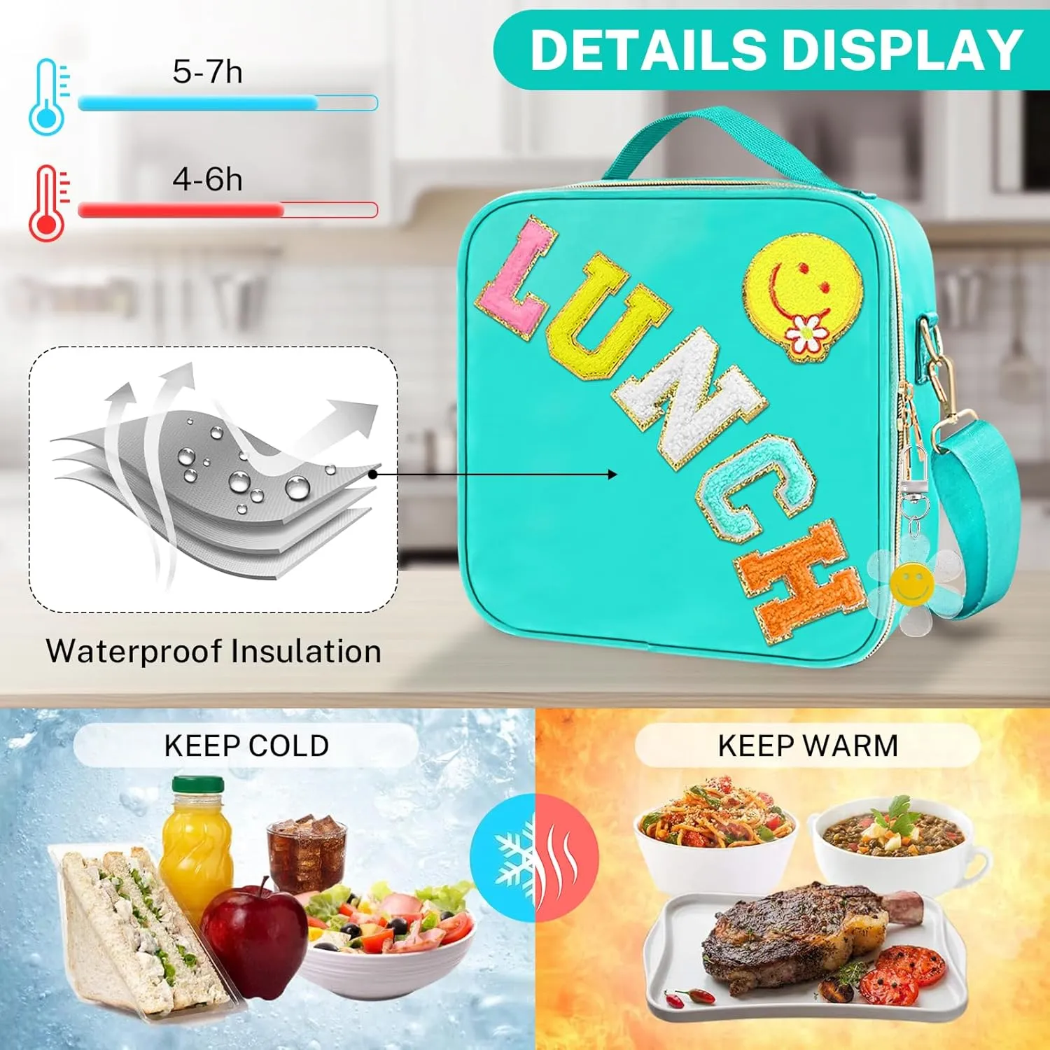 Insulated Girls Lunch Box, Preppy Lunch Box for Teen Girls， Cute Girls Lunch Bag for Kids, Large Reusable Cute Cooler Bag with Adjustable Shoulder Straps,Perfect for School Travel Picnic（Cyan)