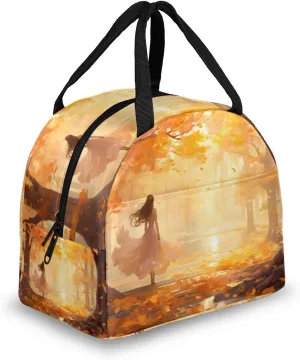 Insulated Lunch Bag for Women Men, Forest Autumn Lane Tote Lunch Box for Adult Portable Reusable Cooler Meal Prep Organizer for Work Picnic Beach Office Travel