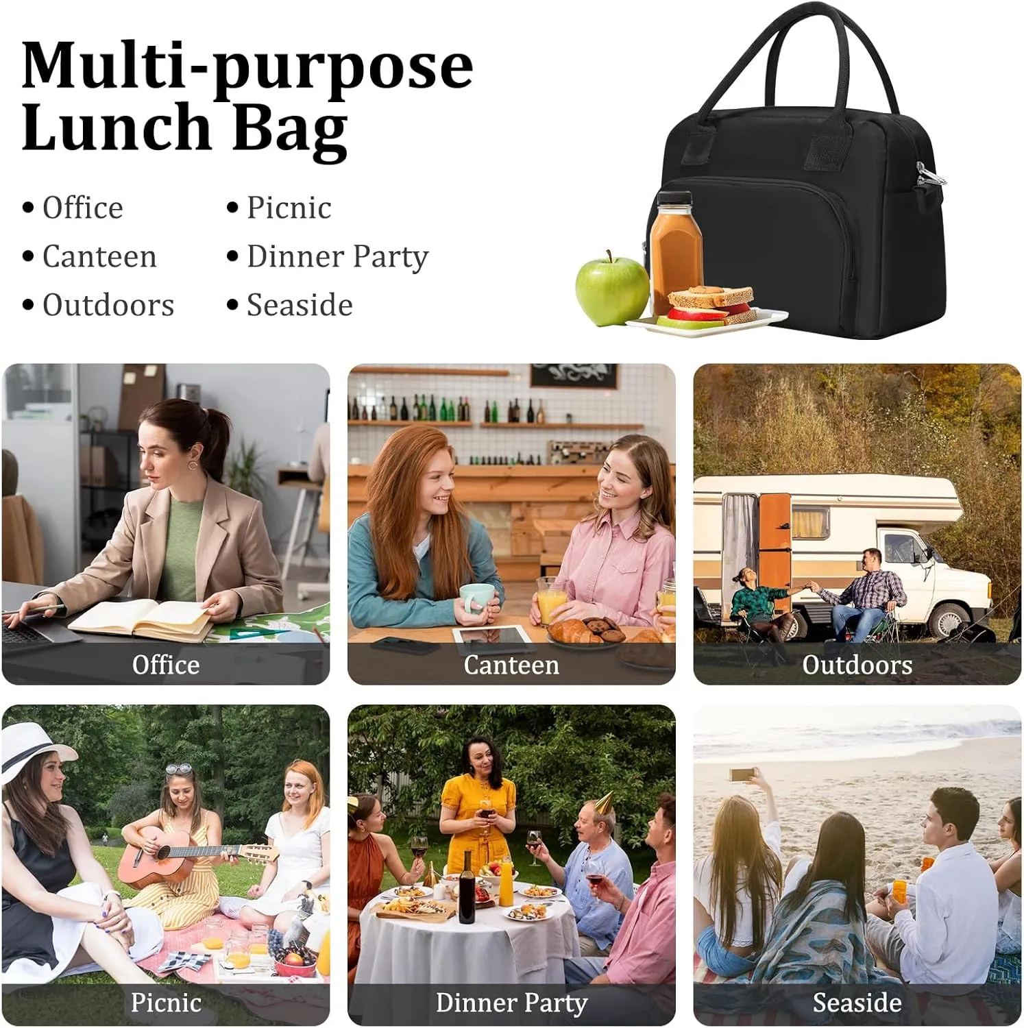Insulated Lunch Bag for Women Men Large Reusable Lunch Box Adult Striped Leakproof Portable Cooler Tote Bags for Work Picnic