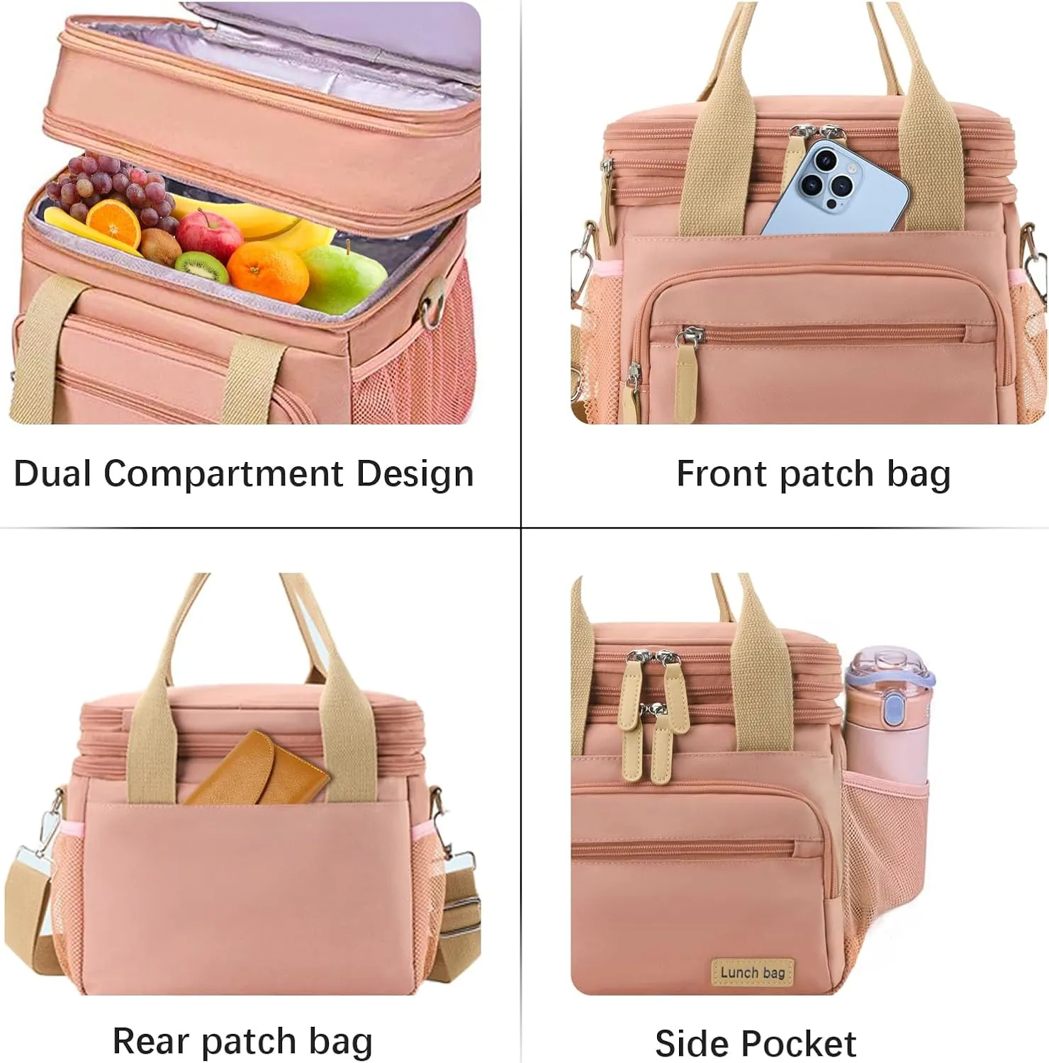 Insulated Lunch Bag for Women/Men 16L Lunch Bag, Expandable Cooler Bag, Reusable Adult Lunch Box, Leak Proof Lunch Tote with Adjustable Shoulder Strap, Suitable for Work, Picnic (Black)