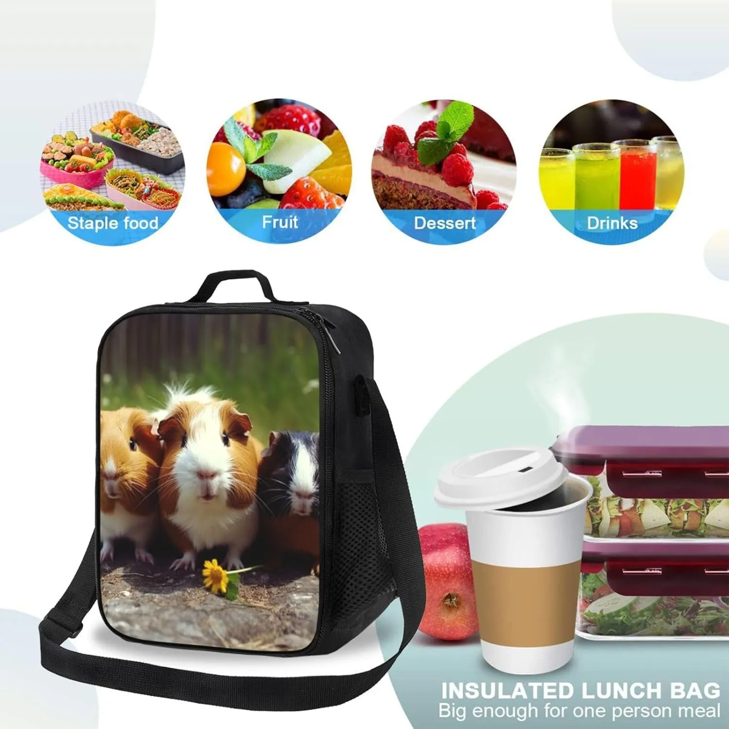 Insulated Lunch Bag Guinea Pigs Funny Lunch Box for Women Men Reusable Lunch Tote Bag for Work Picnic Travel