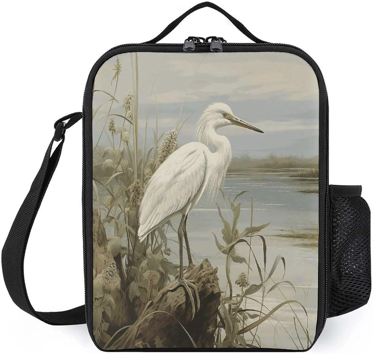 Insulated Lunch Bag Leakproof Portable Lunch Box Adjustable Shoulder Strap Swamp Egret Printing Cooler Bag For Office Work Picnic