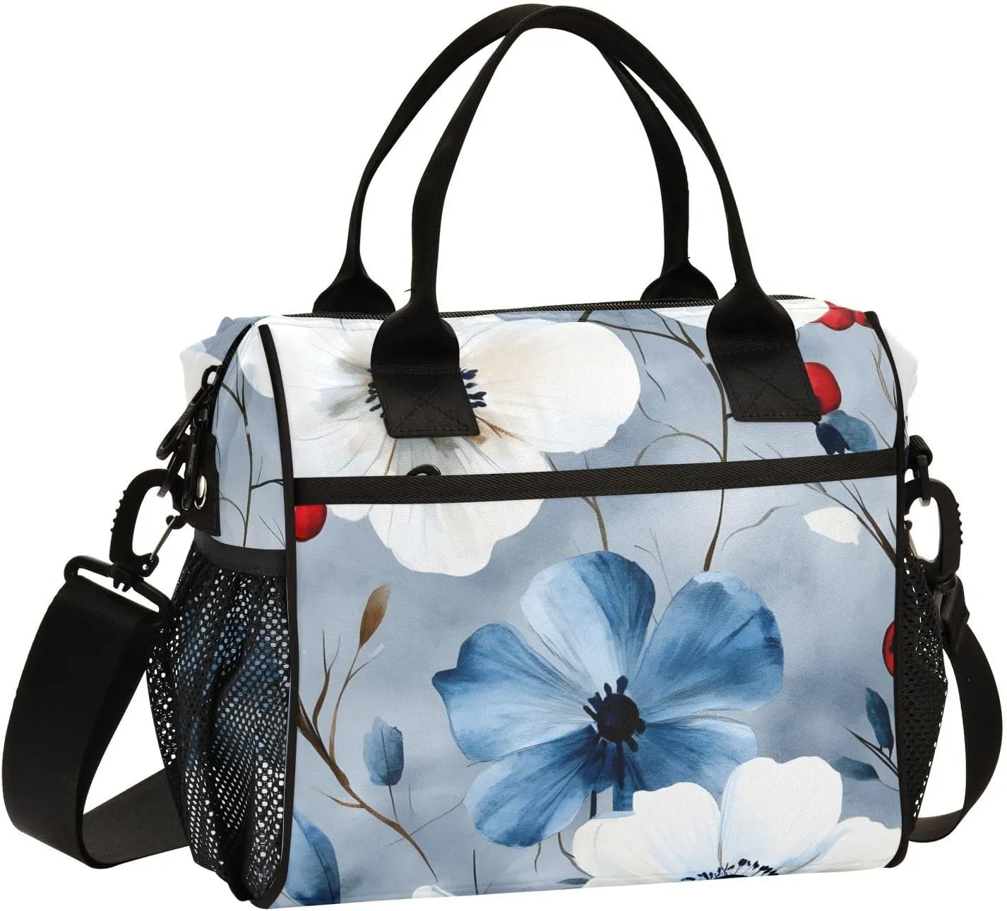 Insulated Lunch Bag Women - Blue Anemone Berry Lunch Box for Men, Leak Resistant, Adjustable Shoulder Strap, Durability Nylon, for Work, Travel, Outdoor Activities