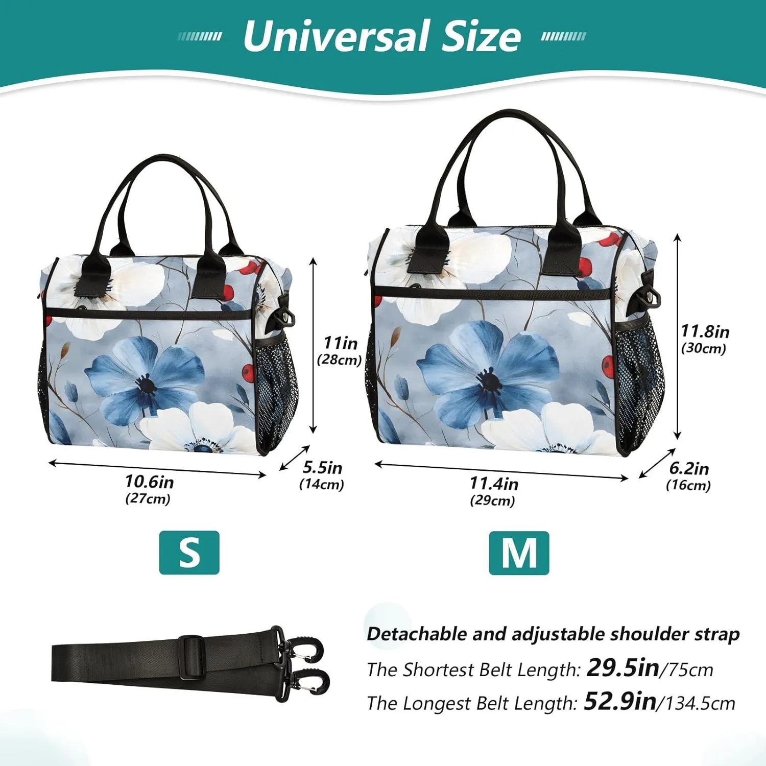 Insulated Lunch Bag Women - Blue Anemone Berry Lunch Box for Men, Leak Resistant, Adjustable Shoulder Strap, Durability Nylon, for Work, Travel, Outdoor Activities