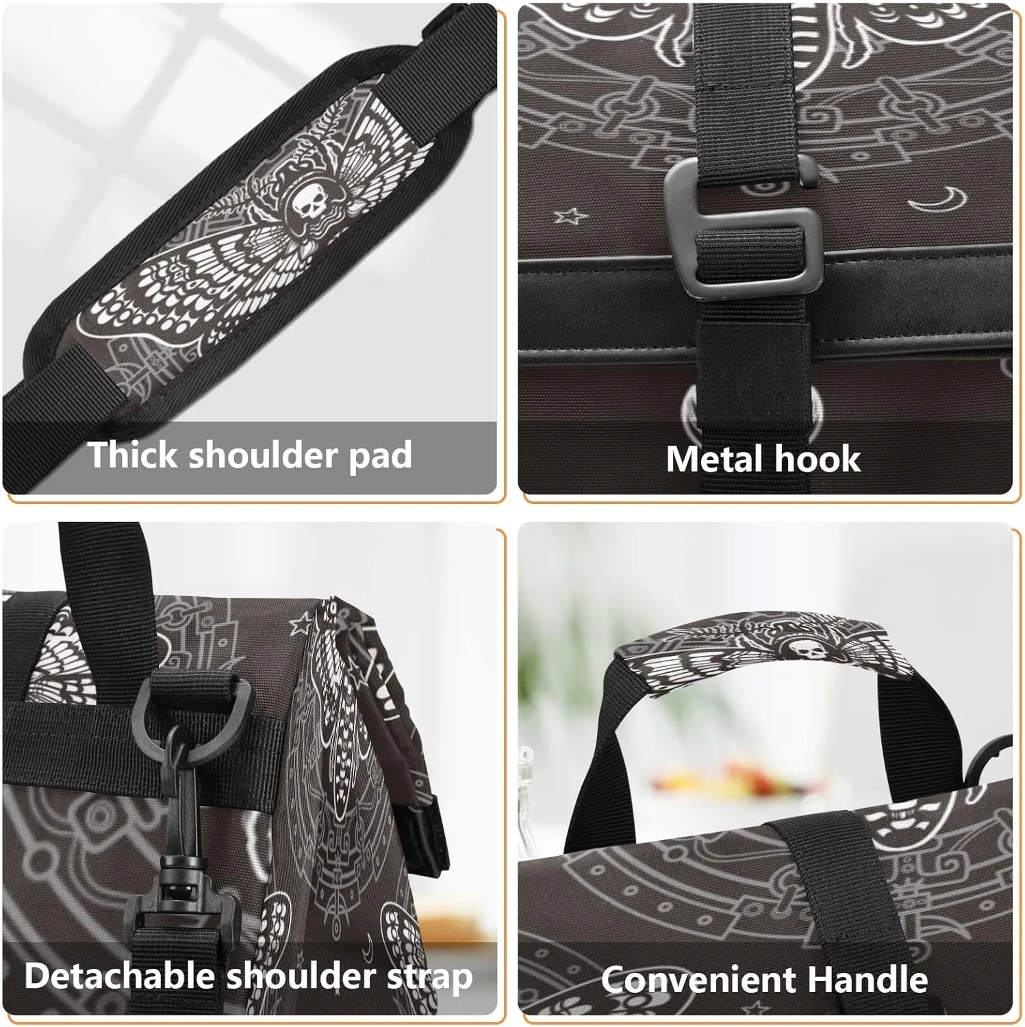 Insulated Lunch Bags Women Men, Skull Butterfly Black Portable Reusable Thermal Meal Tote Cooler Bag Organizer, Adjustable Shoulder Strap, Handle