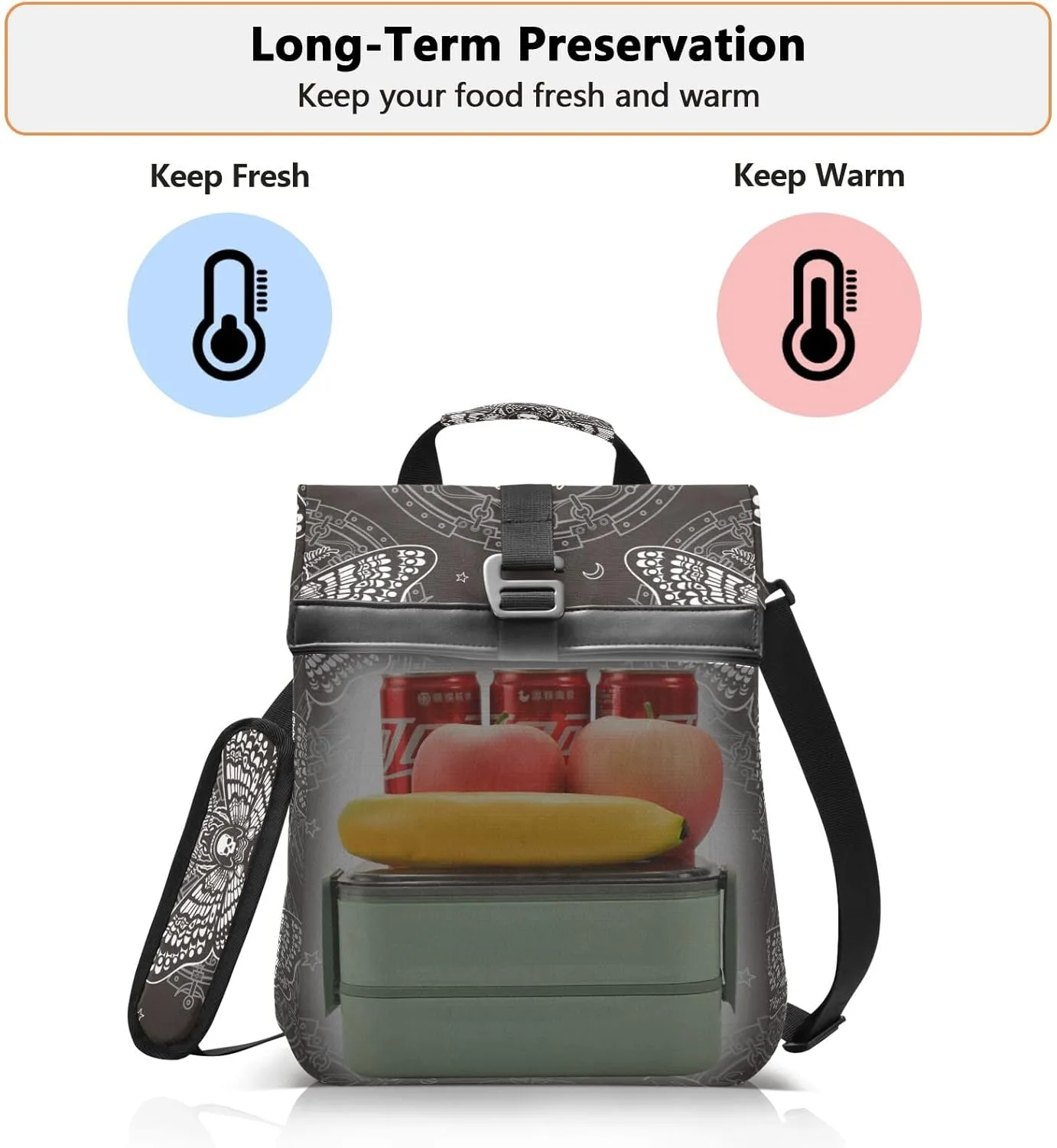 Insulated Lunch Bags Women Men, Skull Butterfly Black Portable Reusable Thermal Meal Tote Cooler Bag Organizer, Adjustable Shoulder Strap, Handle