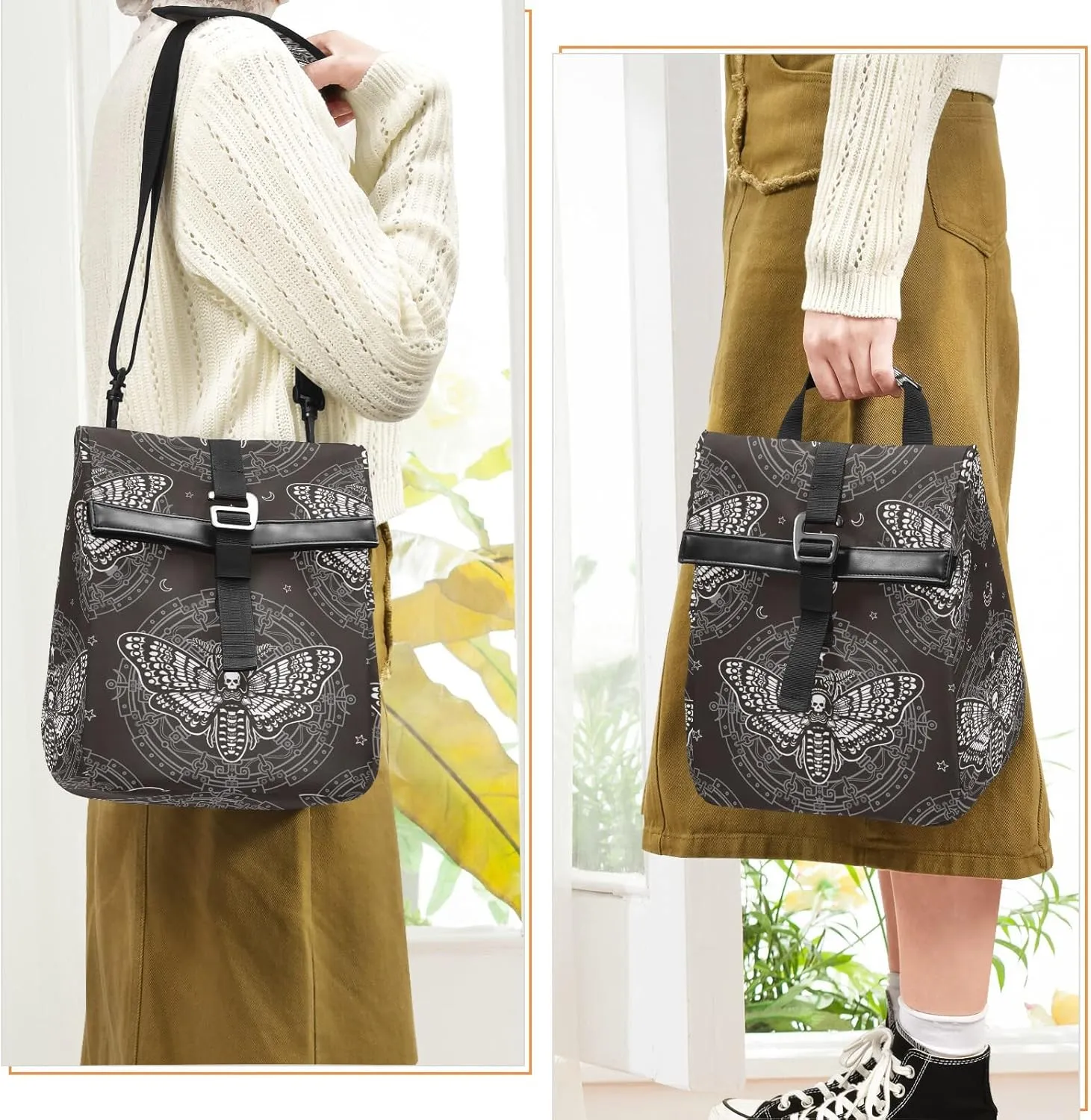 Insulated Lunch Bags Women Men, Skull Butterfly Black Portable Reusable Thermal Meal Tote Cooler Bag Organizer, Adjustable Shoulder Strap, Handle