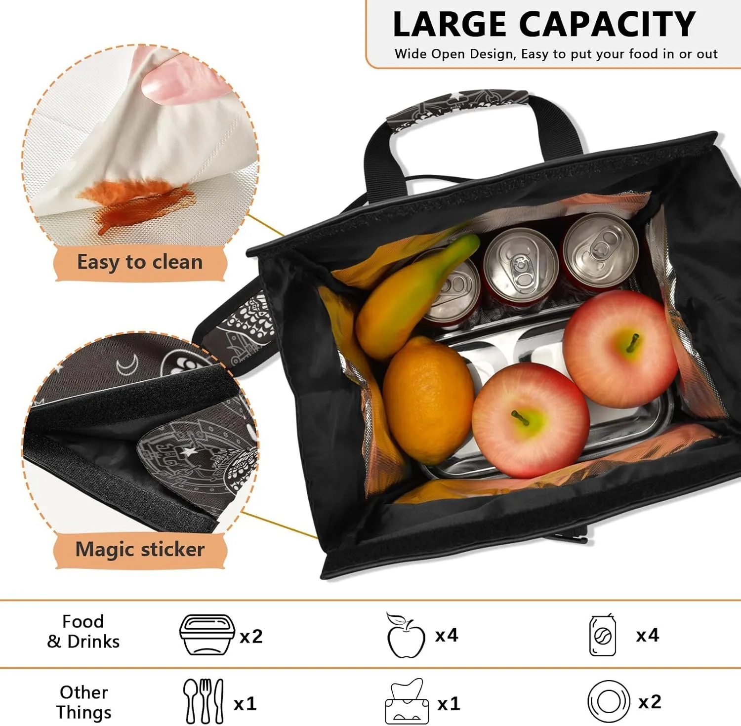 Insulated Lunch Bags Women Men, Skull Butterfly Black Portable Reusable Thermal Meal Tote Cooler Bag Organizer, Adjustable Shoulder Strap, Handle