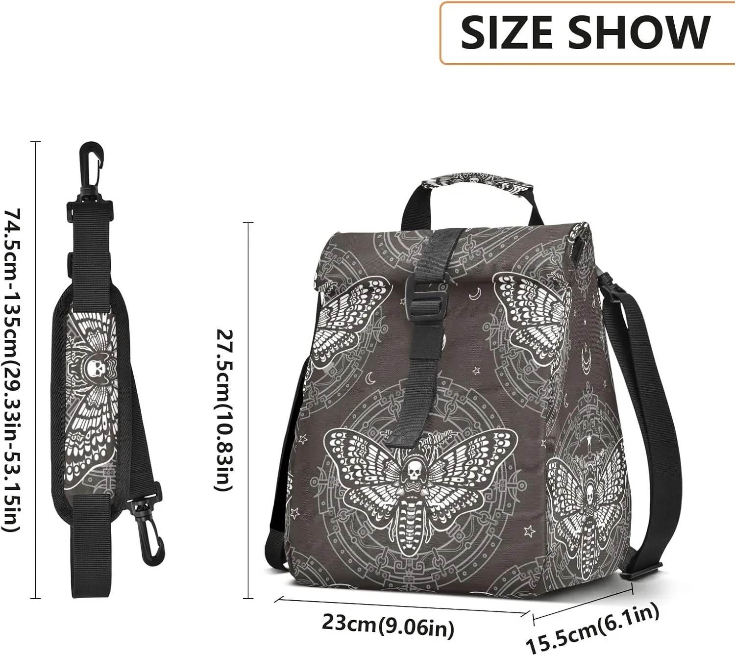 Insulated Lunch Bags Women Men, Skull Butterfly Black Portable Reusable Thermal Meal Tote Cooler Bag Organizer, Adjustable Shoulder Strap, Handle