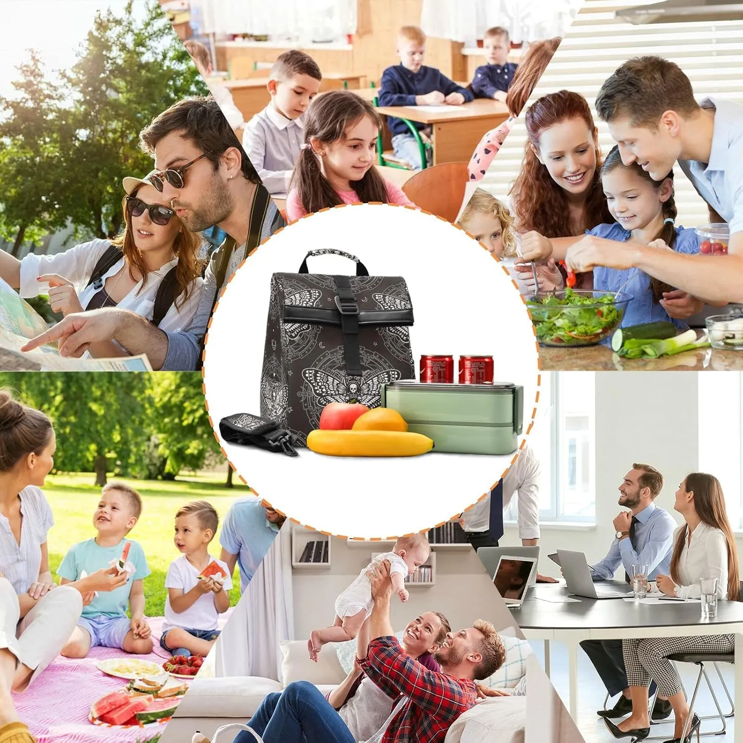 Insulated Lunch Bags Women Men, Skull Butterfly Black Portable Reusable Thermal Meal Tote Cooler Bag Organizer, Adjustable Shoulder Strap, Handle