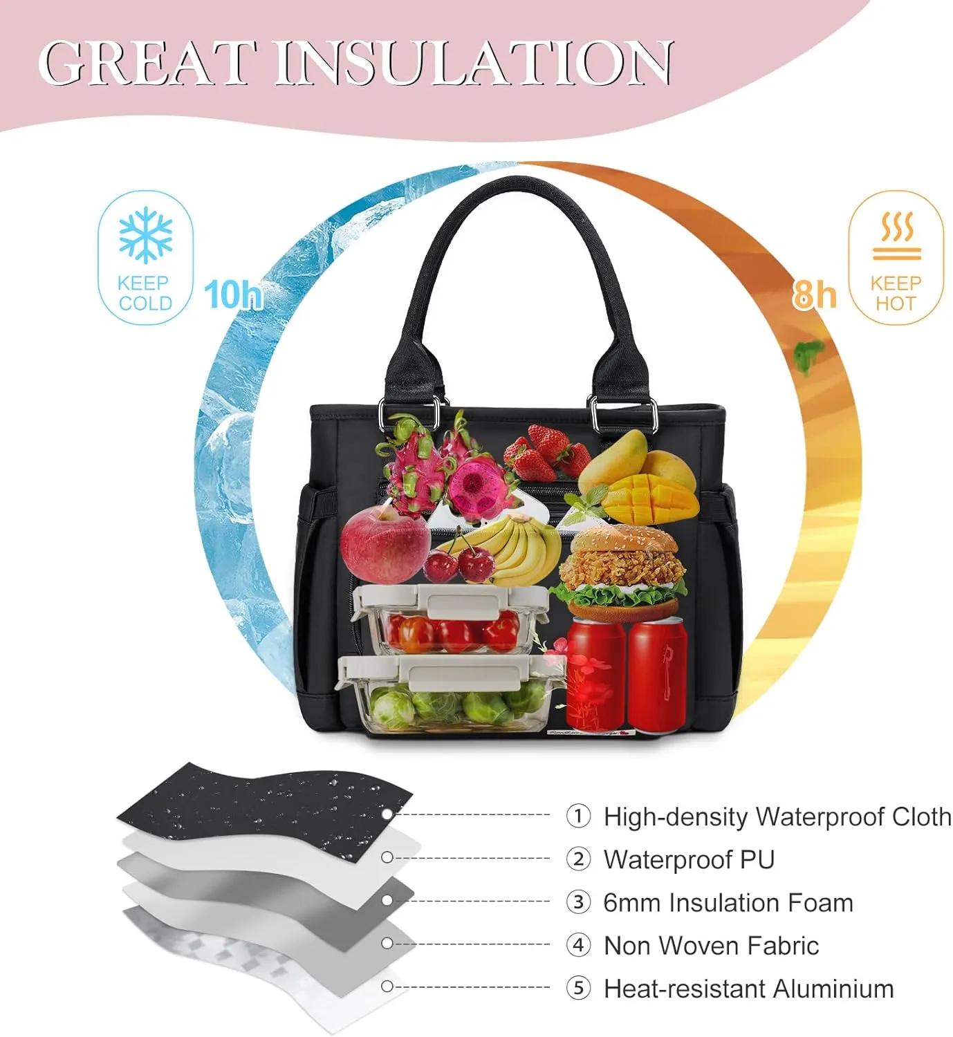Insulated Lunch Box & Lunch Bag for Women - Portable Stylish Flower Lunch Tote for Adults Reusable Leakproof Cooler Bag Ladies Lunchbox Purse for Work, Black-1