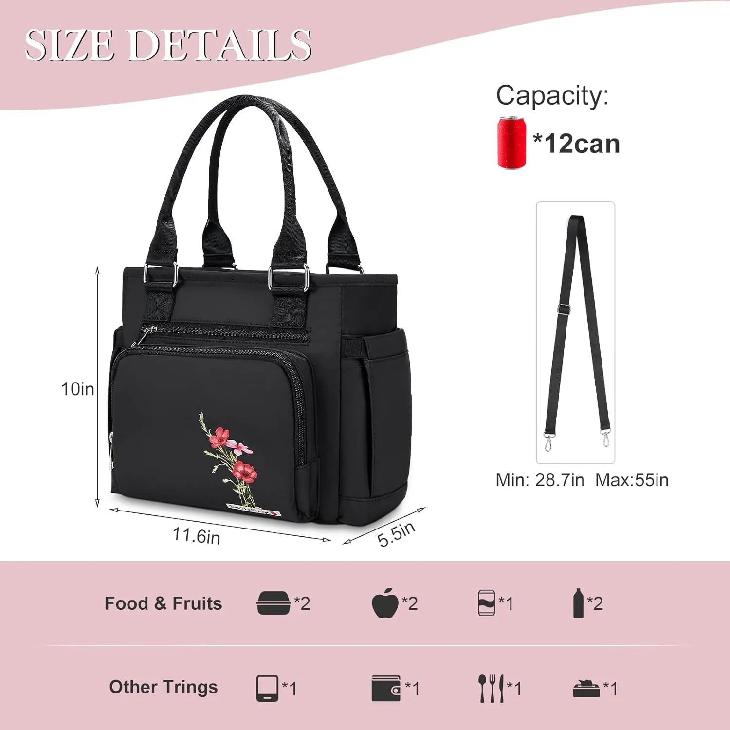 Insulated Lunch Box & Lunch Bag for Women - Portable Stylish Flower Lunch Tote for Adults Reusable Leakproof Cooler Bag Ladies Lunchbox Purse for Work, Black-1