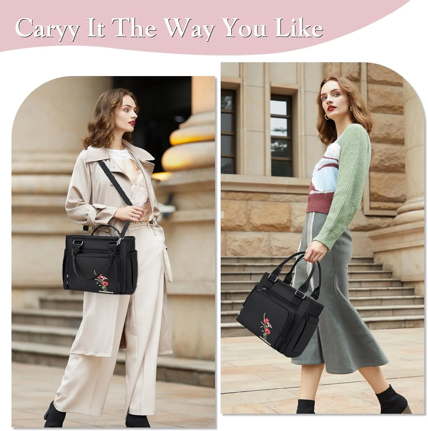 Insulated Lunch Box & Lunch Bag for Women - Portable Stylish Flower Lunch Tote for Adults Reusable Leakproof Cooler Bag Ladies Lunchbox Purse for Work, Black-1