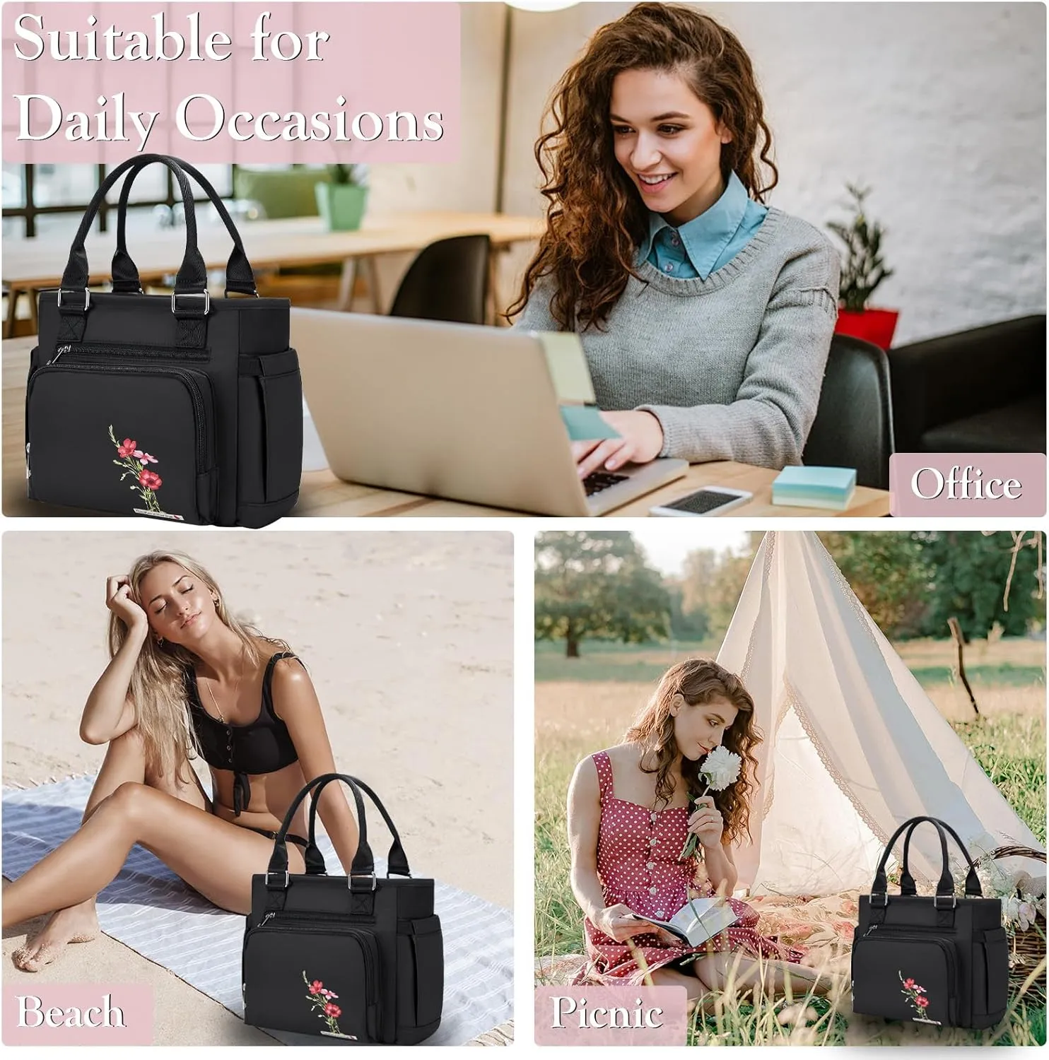 Insulated Lunch Box & Lunch Bag for Women - Portable Stylish Flower Lunch Tote for Adults Reusable Leakproof Cooler Bag Ladies Lunchbox Purse for Work, Black-1