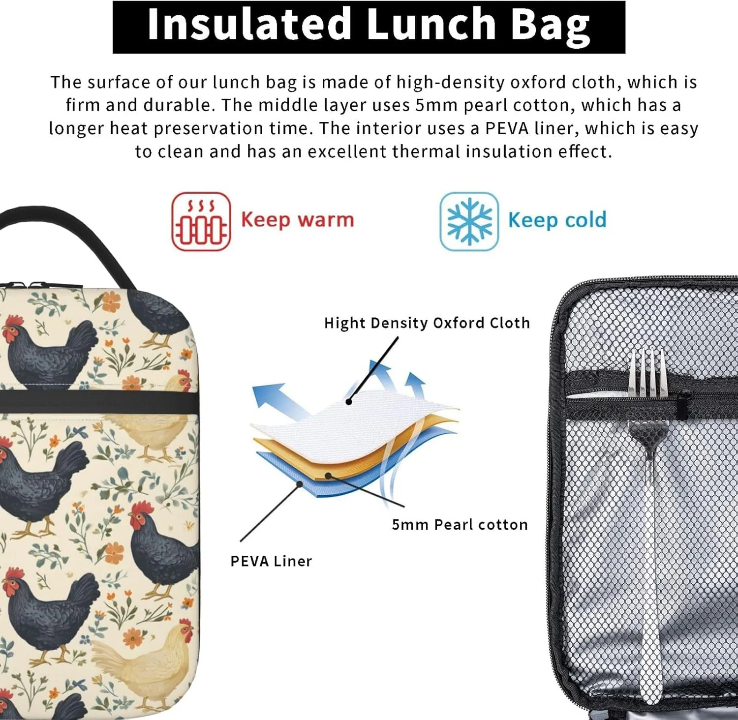 Insulated Lunch Box for Kids Boys Girls, Reusable Lunch Bag for School, Office, Picnic, Work, Travel, Cute Chickens Theme Lunch Box