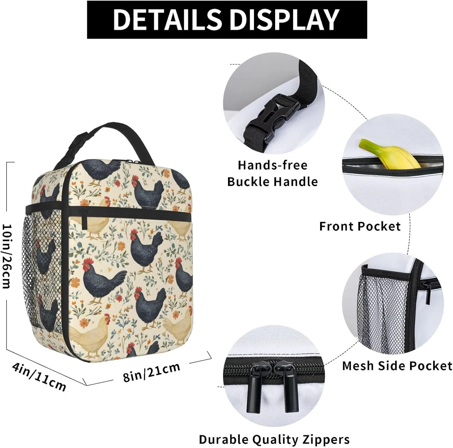 Insulated Lunch Box for Kids Boys Girls, Reusable Lunch Bag for School, Office, Picnic, Work, Travel, Cute Chickens Theme Lunch Box