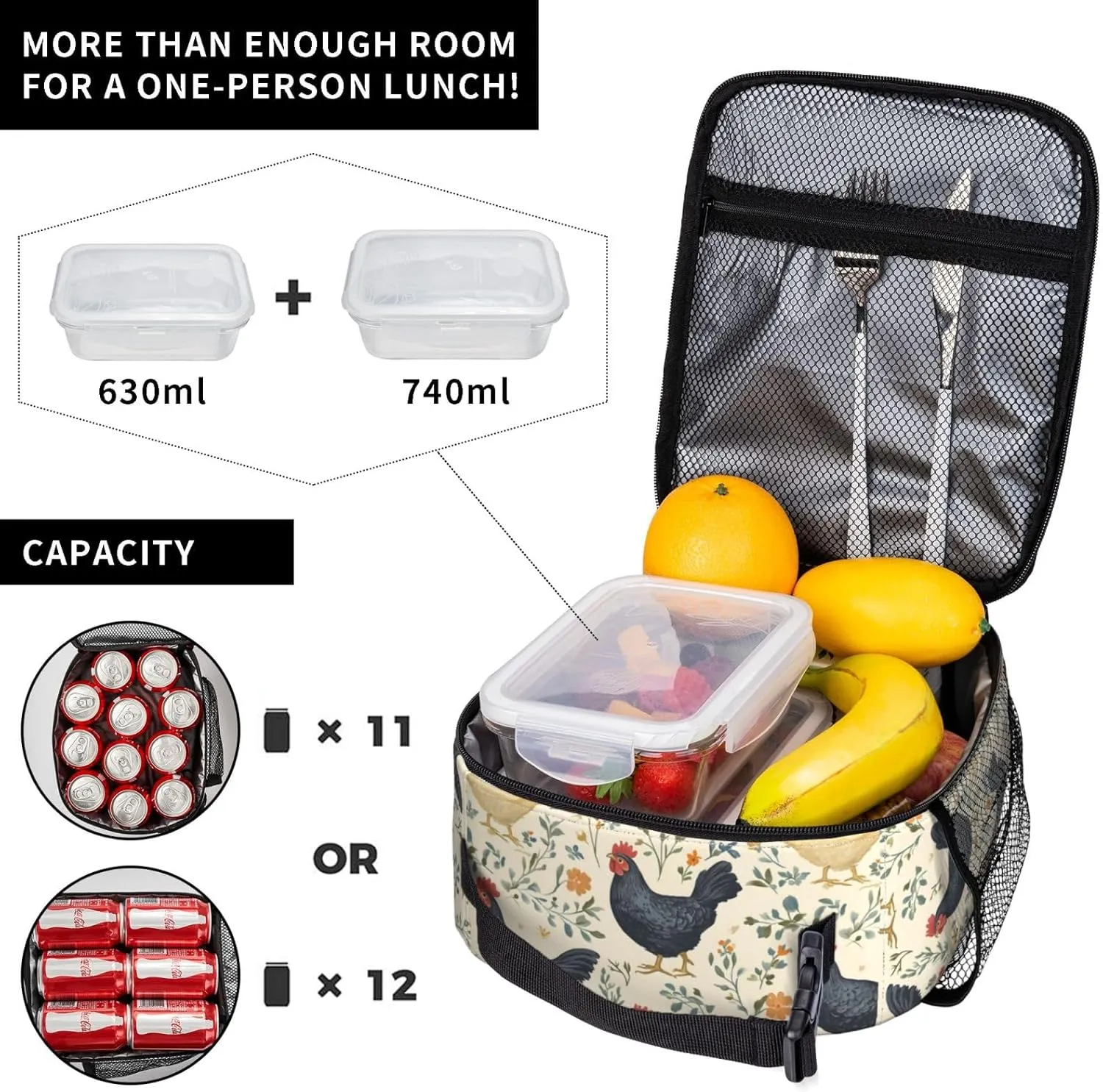 Insulated Lunch Box for Kids Boys Girls, Reusable Lunch Bag for School, Office, Picnic, Work, Travel, Cute Chickens Theme Lunch Box