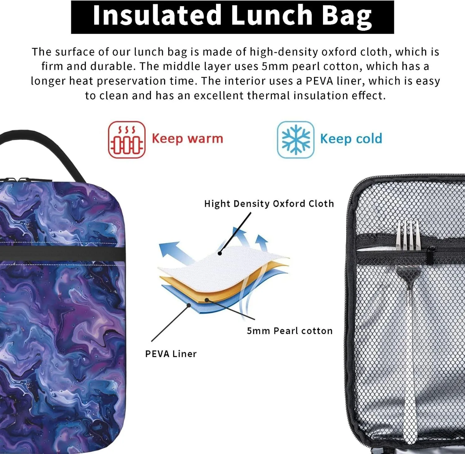 Insulated Lunch Box for Kids Boys Girls, Reusable Lunch Bag for School, Office, Work, Picnic, Travel, Purple and Blue Marble Lunch Box