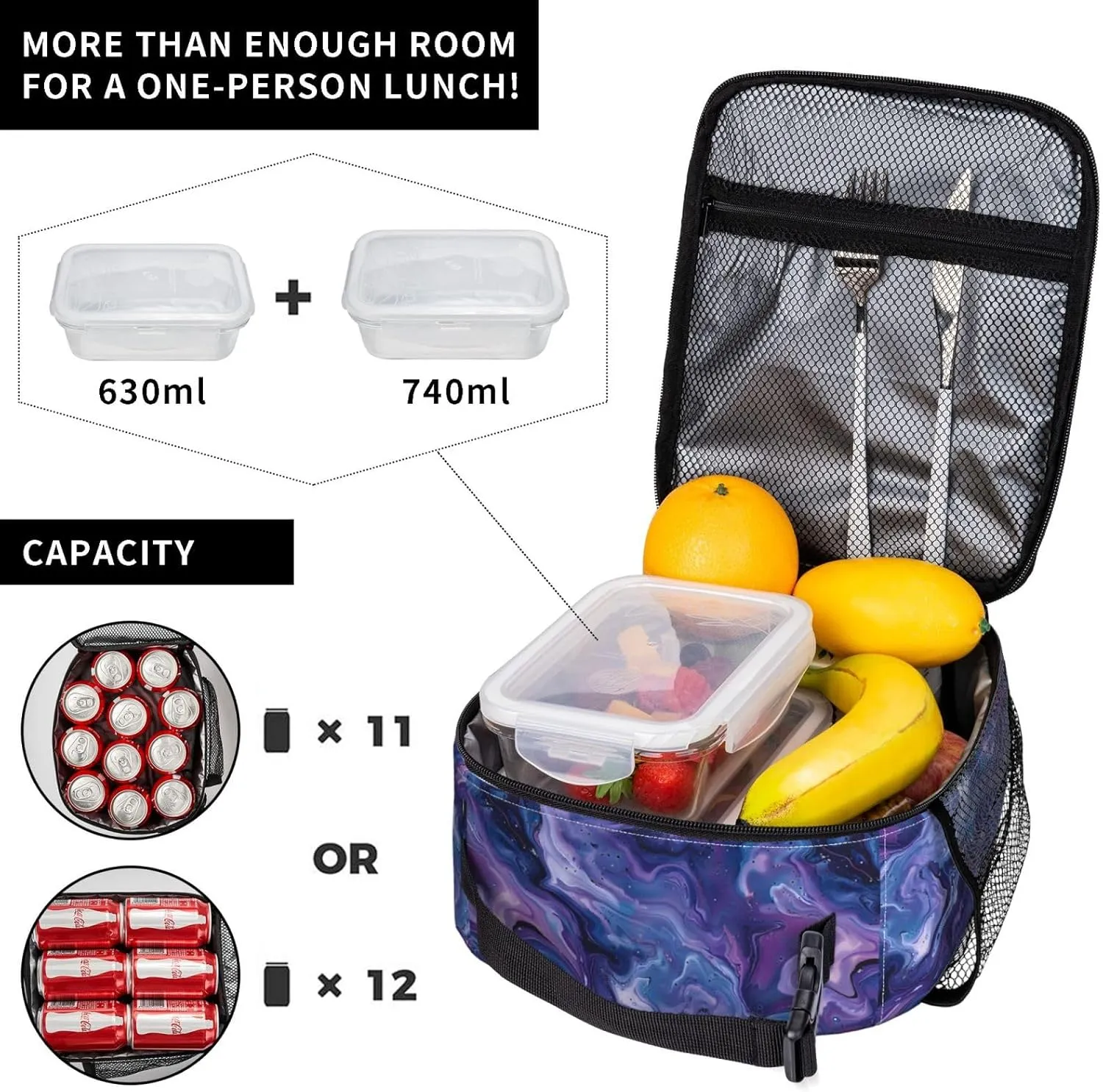 Insulated Lunch Box for Kids Boys Girls, Reusable Lunch Bag for School, Office, Work, Picnic, Travel, Purple and Blue Marble Lunch Box
