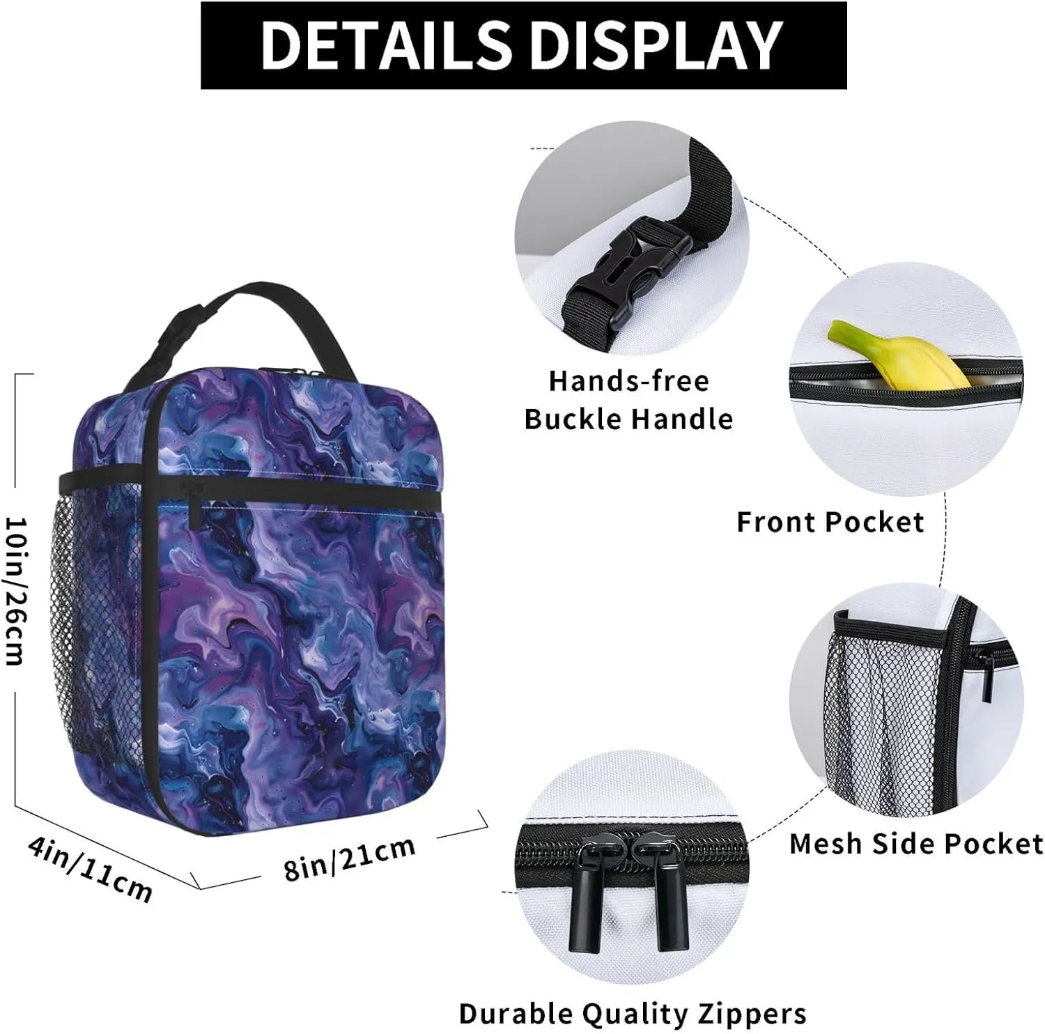 Insulated Lunch Box for Kids Boys Girls, Reusable Lunch Bag for School, Office, Work, Picnic, Travel, Purple and Blue Marble Lunch Box