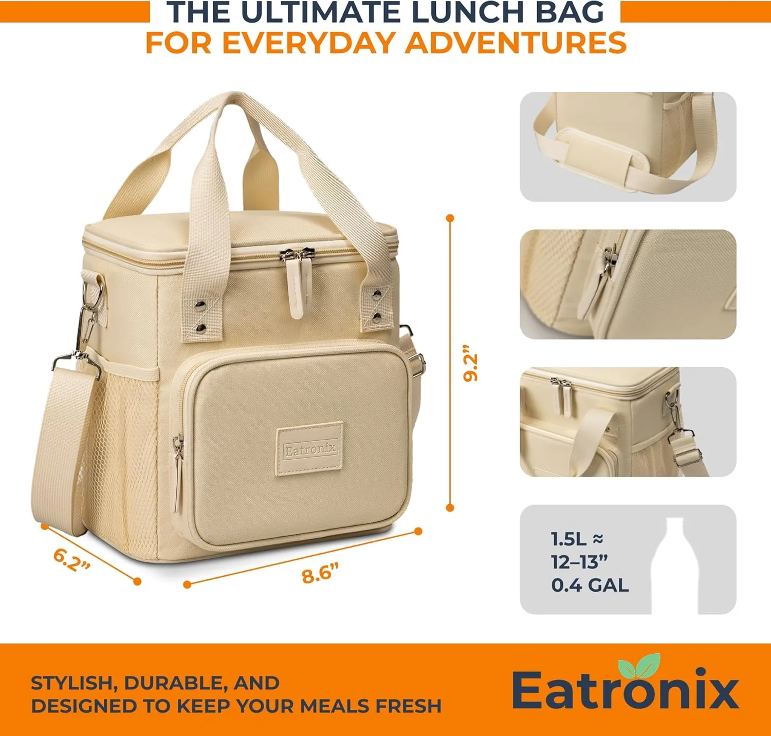 Insulated Lunch Box for Women & Men – 8L/2 Gallons Leakproof Lunch Bag for Work, Office, School – Portable, Stylish & Durable Cooler Tote – Beige