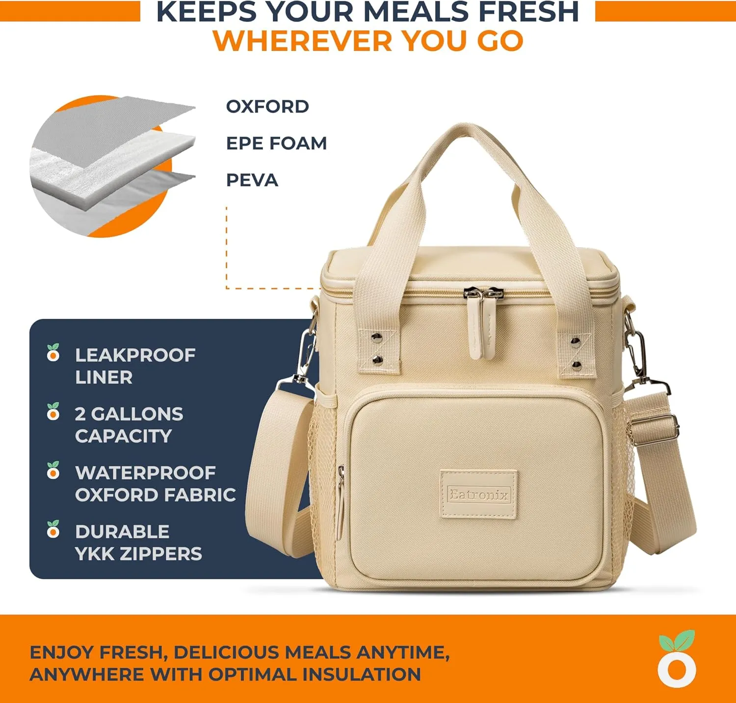 Insulated Lunch Box for Women & Men – 8L/2 Gallons Leakproof Lunch Bag for Work, Office, School – Portable, Stylish & Durable Cooler Tote – Beige