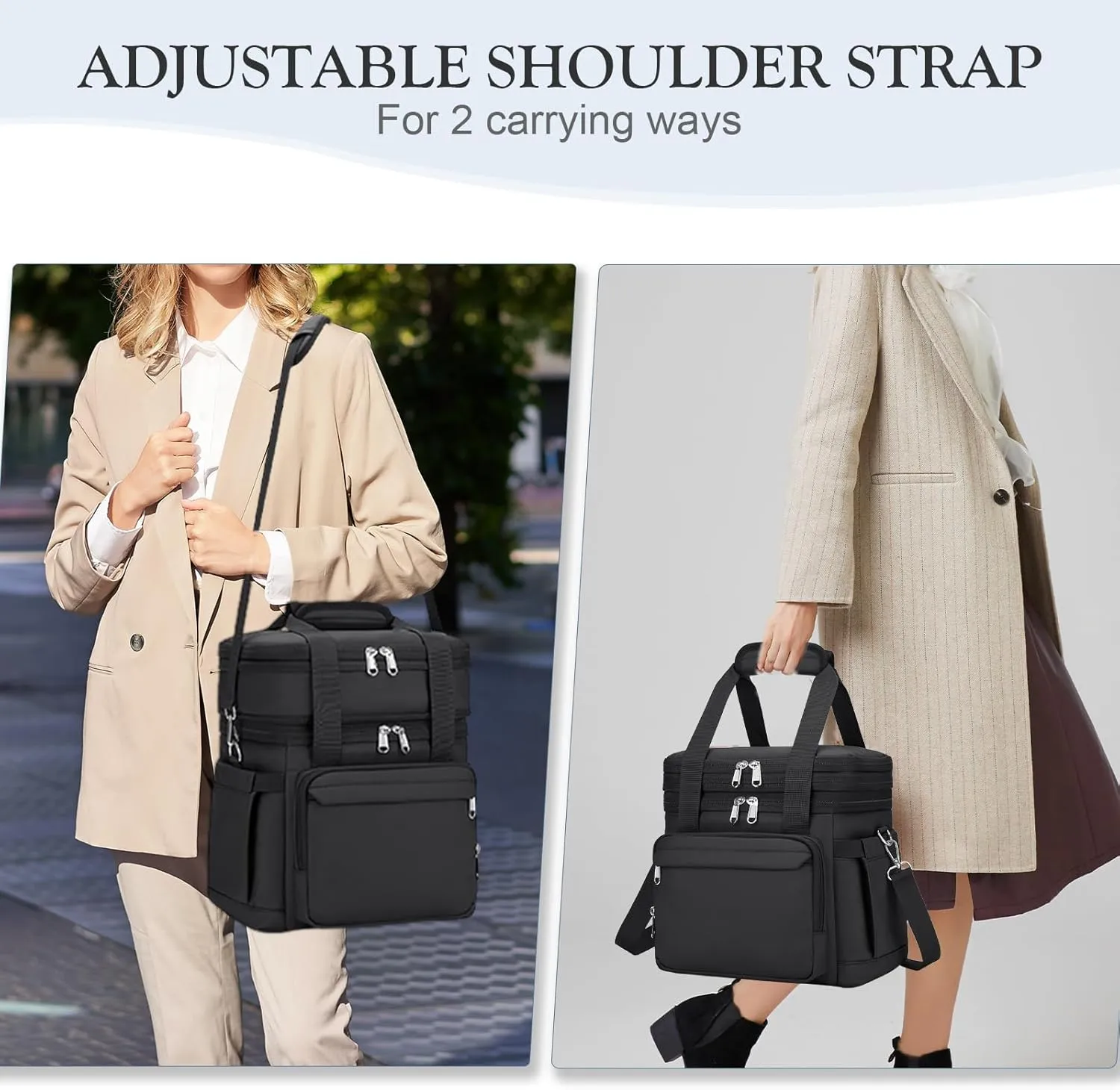 Insulated Lunch Box for Women - Reusable Modern Double Deck Lunch Bag Adults Expandable Heavy Duty Lunch Cooler Tote for Work Office Picnic,Black