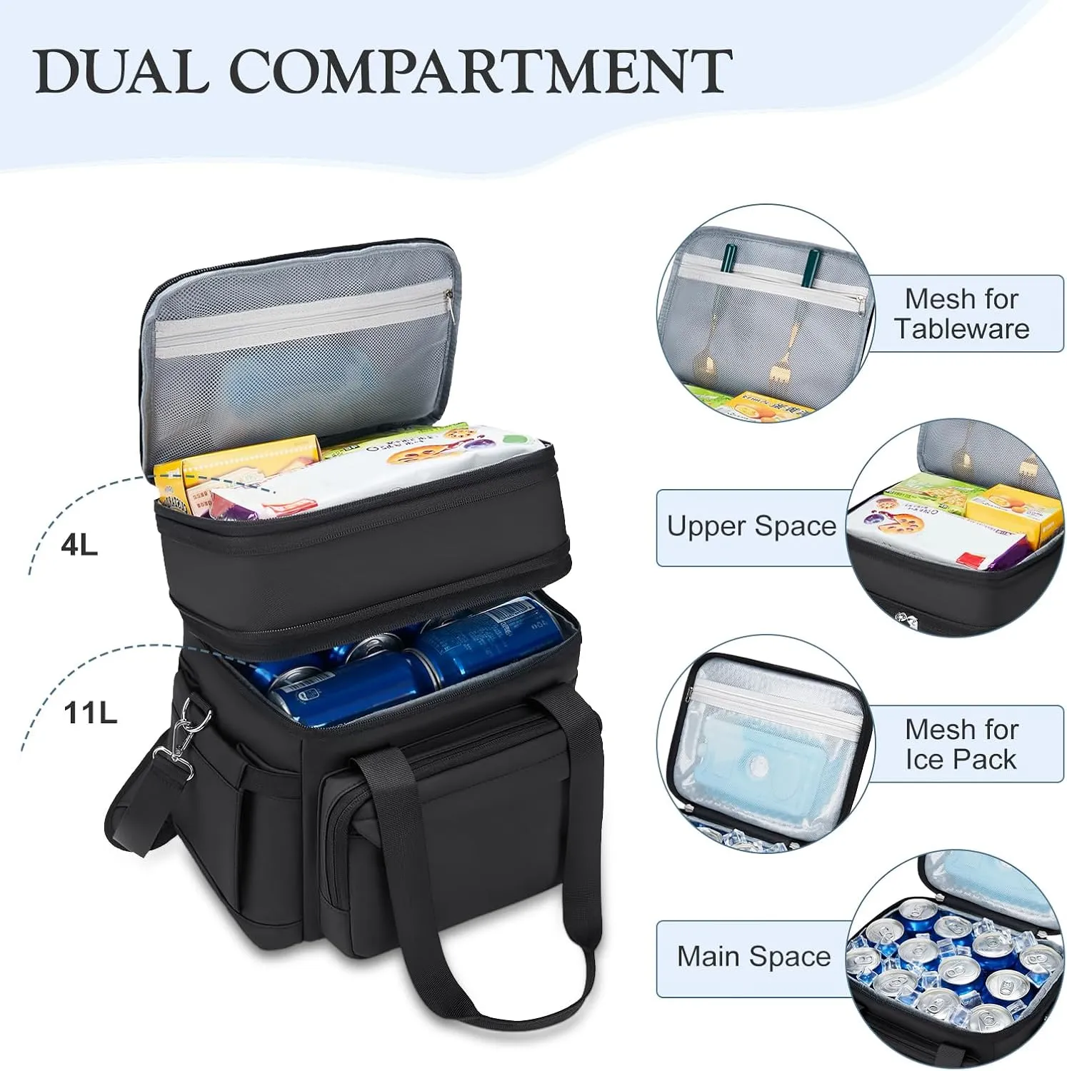 Insulated Lunch Box for Women - Reusable Modern Double Deck Lunch Bag Adults Expandable Heavy Duty Lunch Cooler Tote for Work Office Picnic,Black