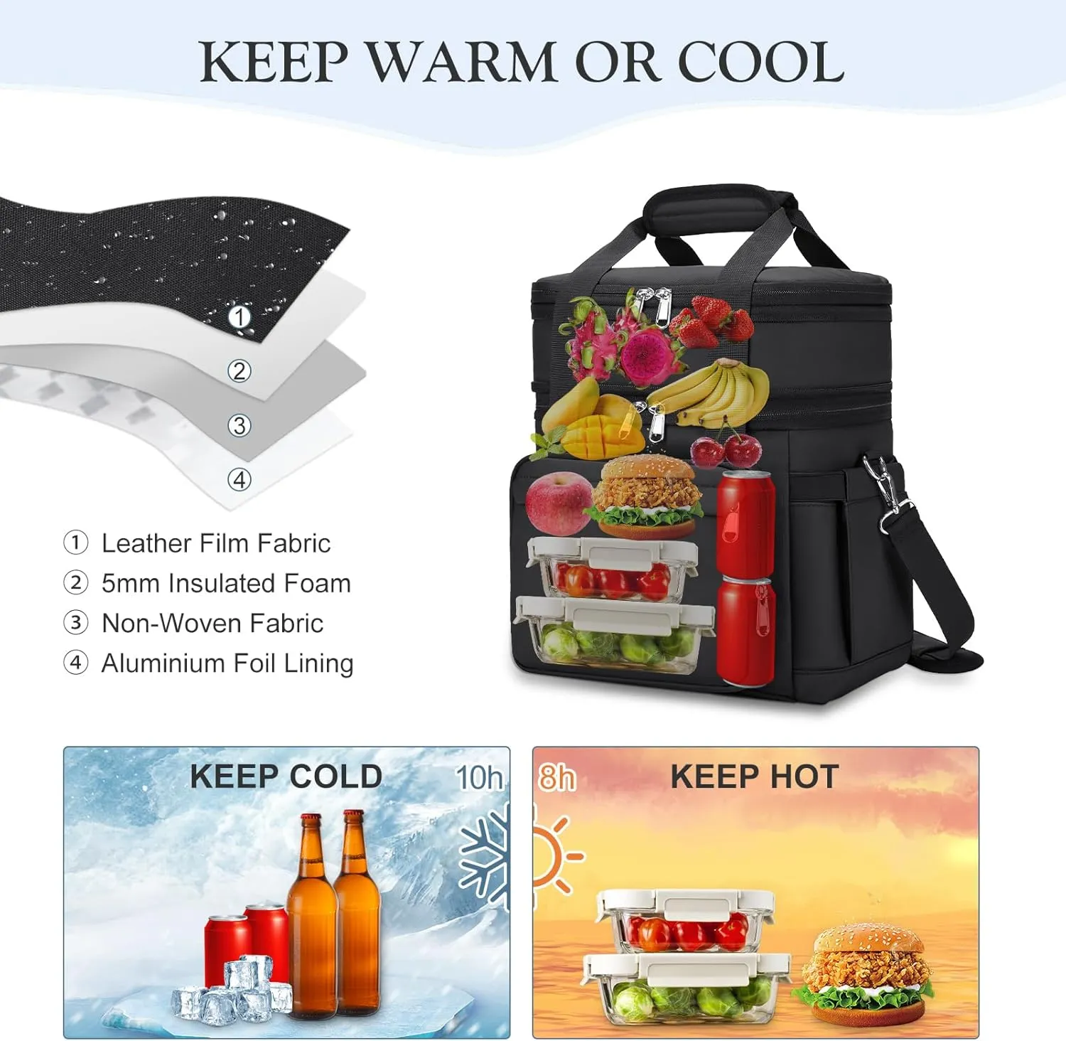 Insulated Lunch Box for Women - Reusable Modern Double Deck Lunch Bag Adults Expandable Heavy Duty Lunch Cooler Tote for Work Office Picnic,Black