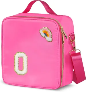 Insulated Nylon Lunch Box for Girls, Kids, and Women-Stylish Pink Preppy Large Lunch Bag with Adjustable Strap and Chenille Letter'O', Tote for School, Travel, and Picnics-Ideal Preppy Stuff Choice
