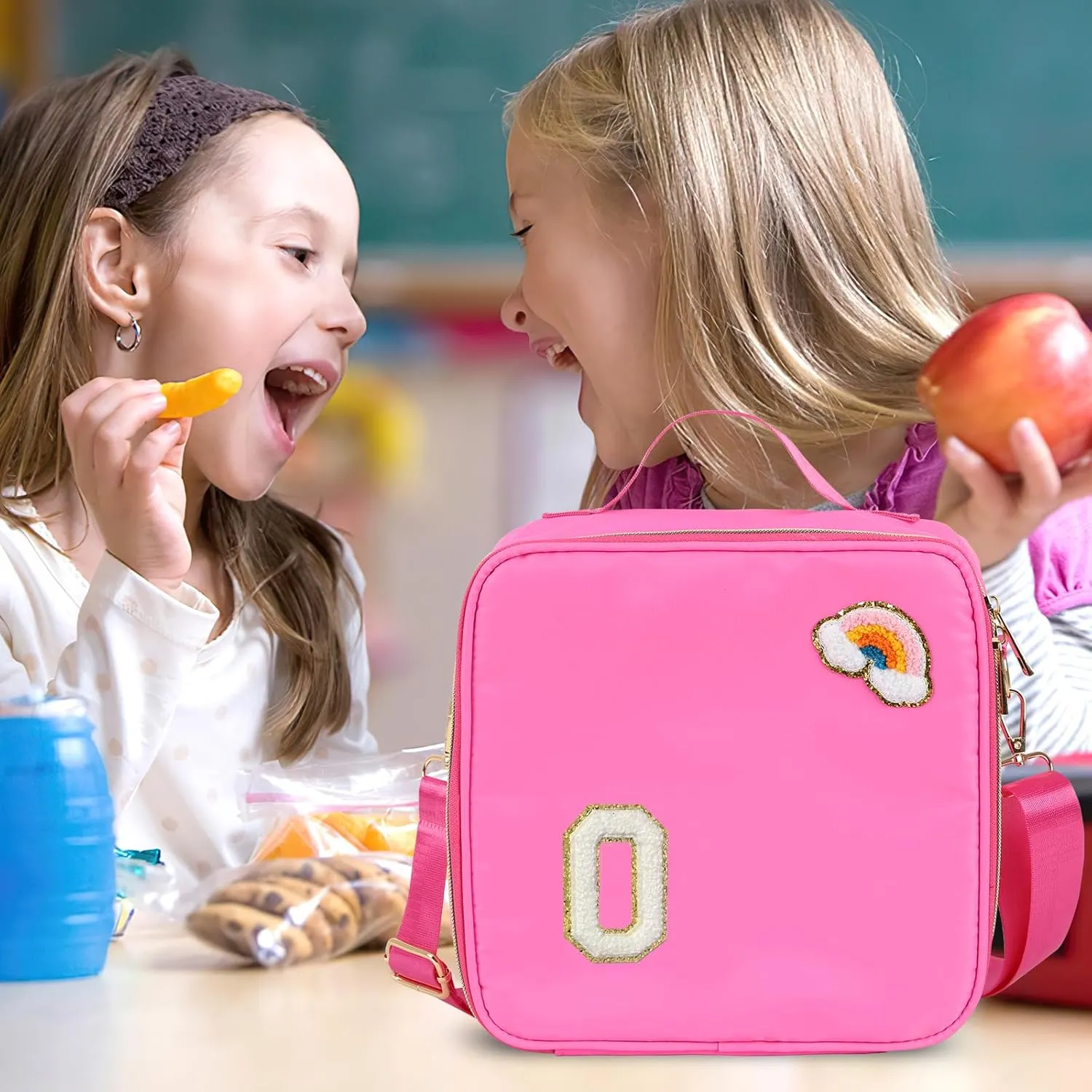 Insulated Nylon Lunch Box for Girls, Kids, and Women-Stylish Pink Preppy Large Lunch Bag with Adjustable Strap and Chenille Letter'O', Tote for School, Travel, and Picnics-Ideal Preppy Stuff Choice