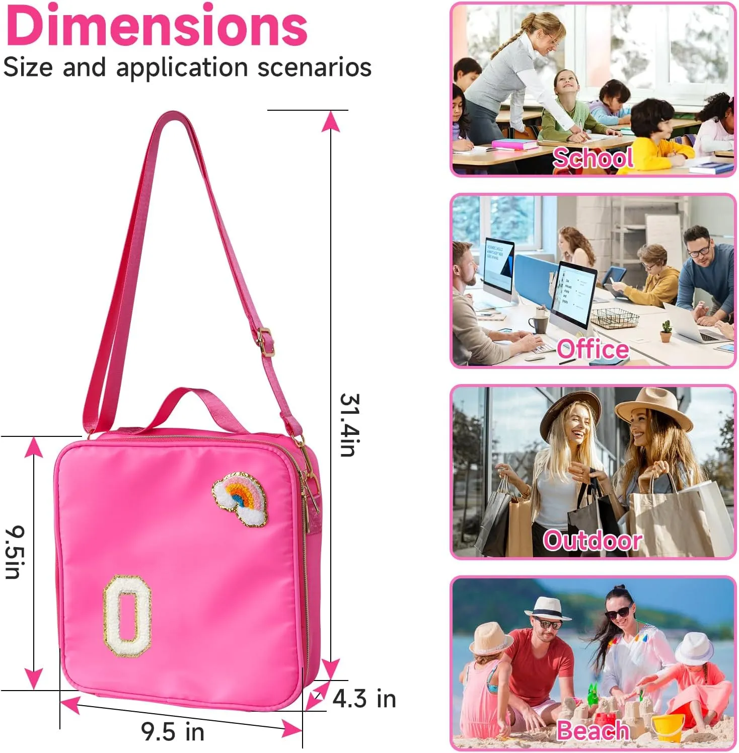 Insulated Nylon Lunch Box for Girls, Kids, and Women-Stylish Pink Preppy Large Lunch Bag with Adjustable Strap and Chenille Letter'O', Tote for School, Travel, and Picnics-Ideal Preppy Stuff Choice