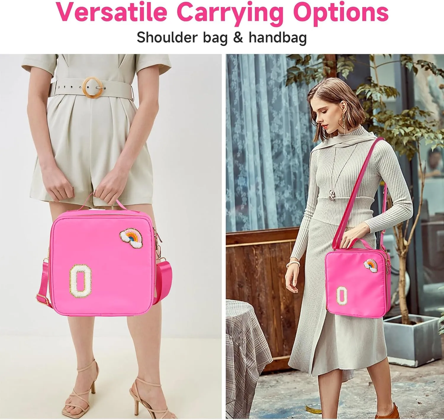 Insulated Nylon Lunch Box for Girls, Kids, and Women-Stylish Pink Preppy Large Lunch Bag with Adjustable Strap and Chenille Letter'O', Tote for School, Travel, and Picnics-Ideal Preppy Stuff Choice