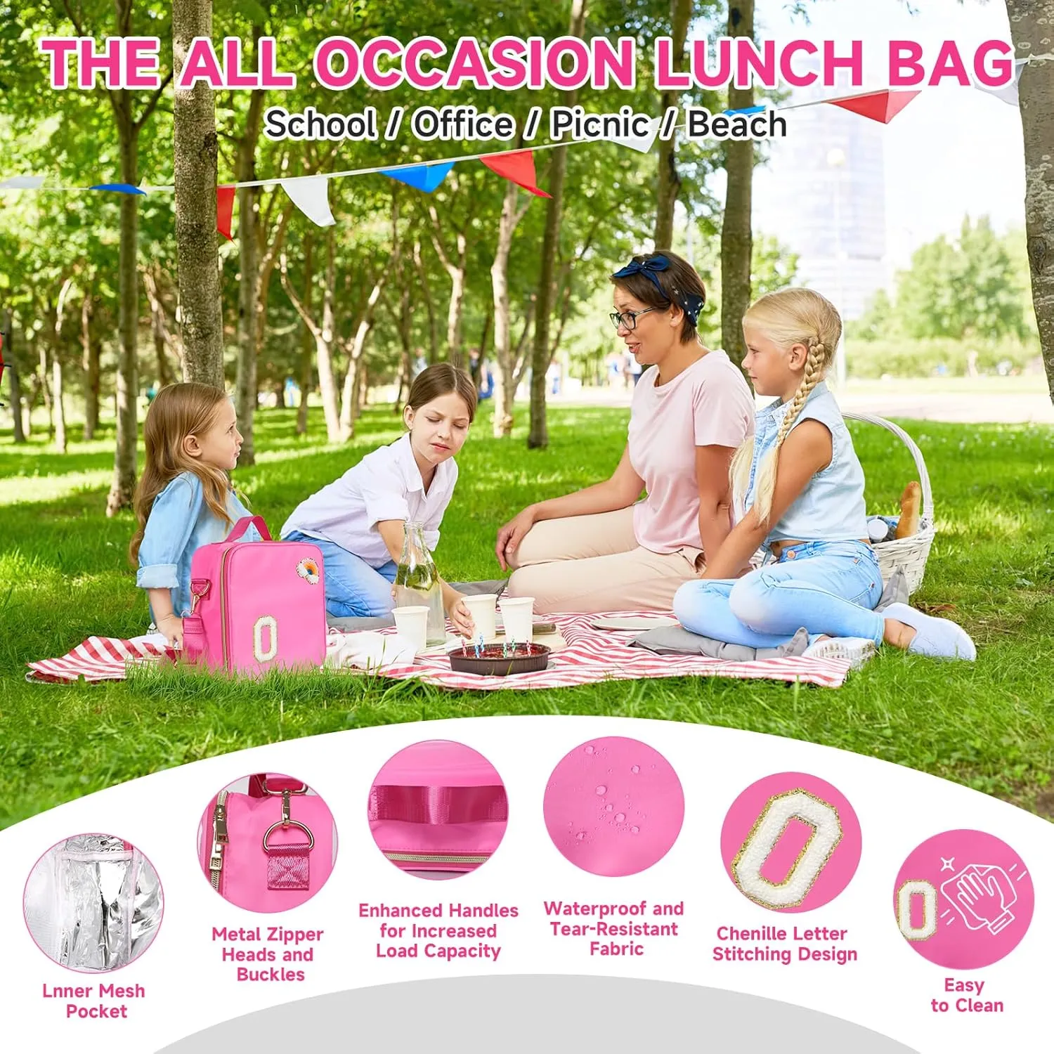 Insulated Nylon Lunch Box for Girls, Kids, and Women-Stylish Pink Preppy Large Lunch Bag with Adjustable Strap and Chenille Letter'O', Tote for School, Travel, and Picnics-Ideal Preppy Stuff Choice