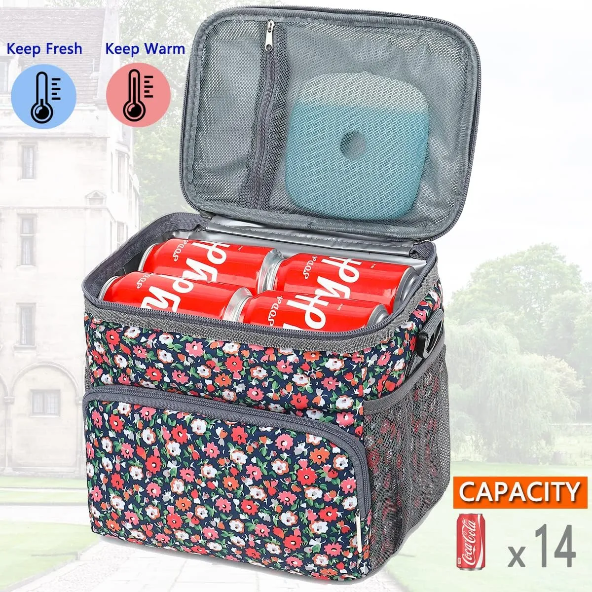 Insulated Reusable Lunch Bag Adult Large Lunch Box for Women and Men with Adjustable Shoulder Strap,Front Zipper Pocket and Dual Large Mesh Side Pockets,Floral