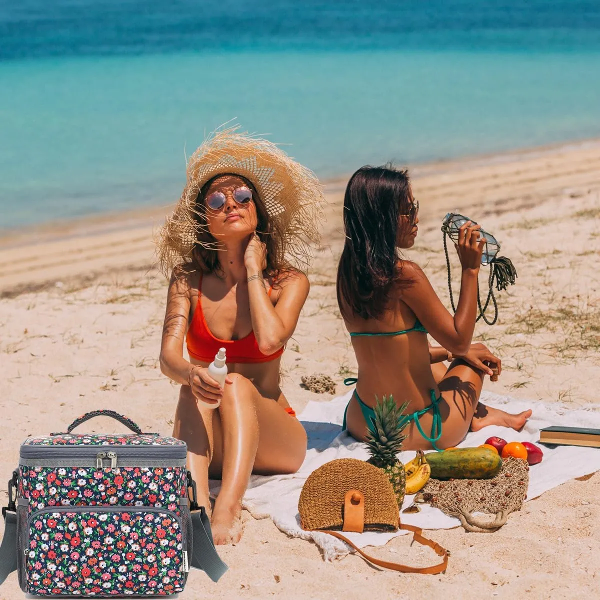 Insulated Reusable Lunch Bag Adult Large Lunch Box for Women and Men with Adjustable Shoulder Strap,Front Zipper Pocket and Dual Large Mesh Side Pockets,Floral