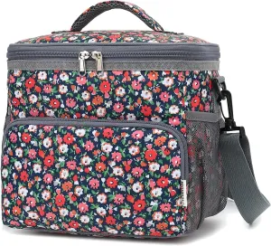 Insulated Reusable Lunch Bag Adult Large Lunch Box for Women and Men with Adjustable Shoulder Strap,Front Zipper Pocket and Dual Large Mesh Side Pockets,Floral
