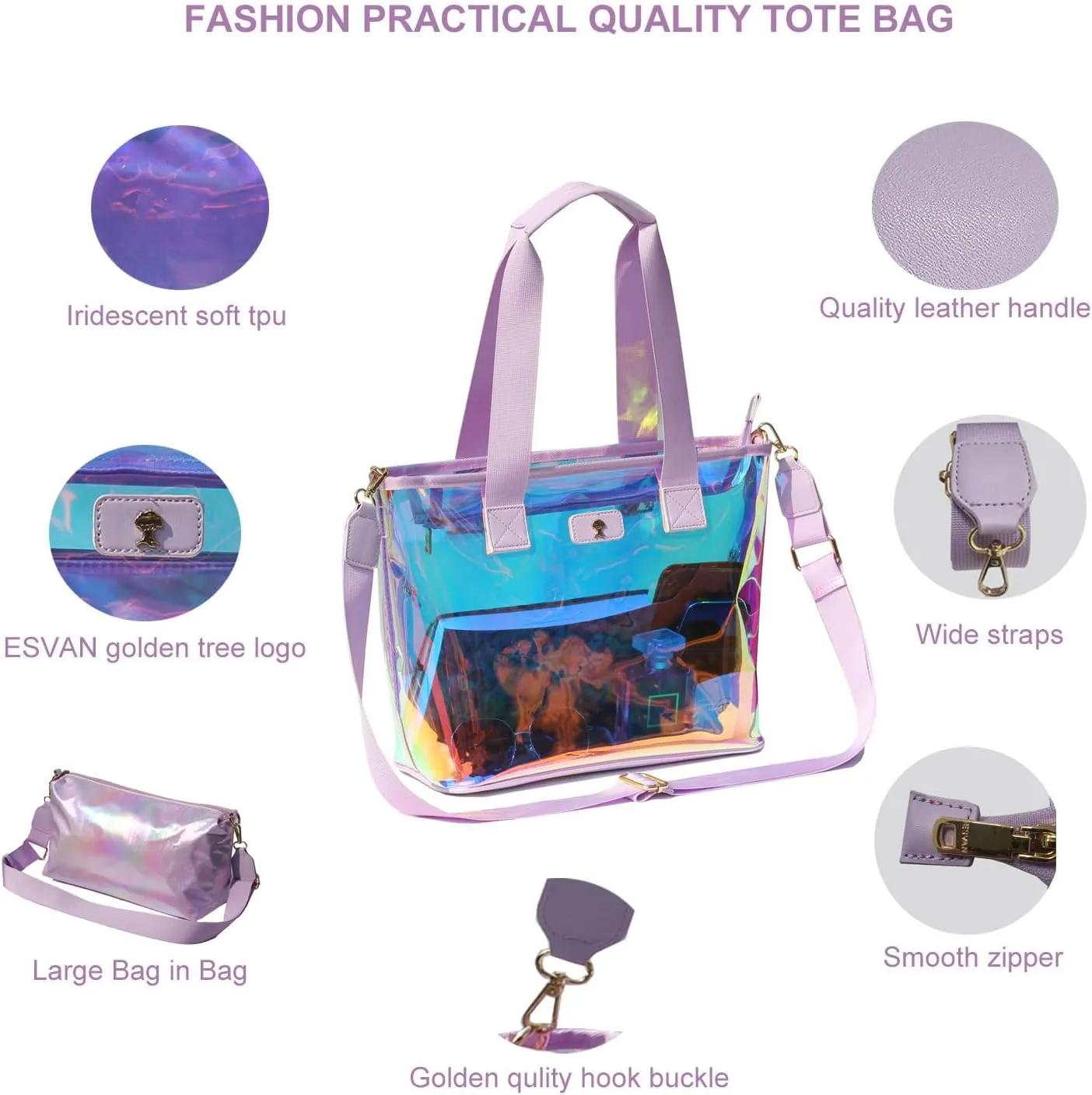 Iridescent Soap Bubble Clear Tote Bag – Stadium Approved with Bag-in-Bag Shoulder Design for Concerts, Beaches, Events