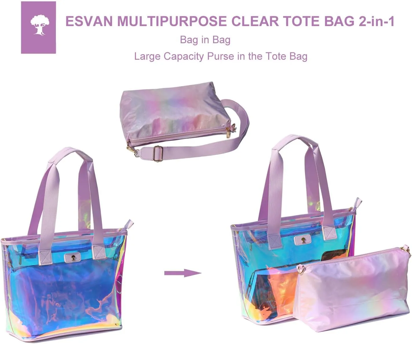 Iridescent Soap Bubble Clear Tote Bag – Stadium Approved with Bag-in-Bag Shoulder Design for Concerts, Beaches, Events