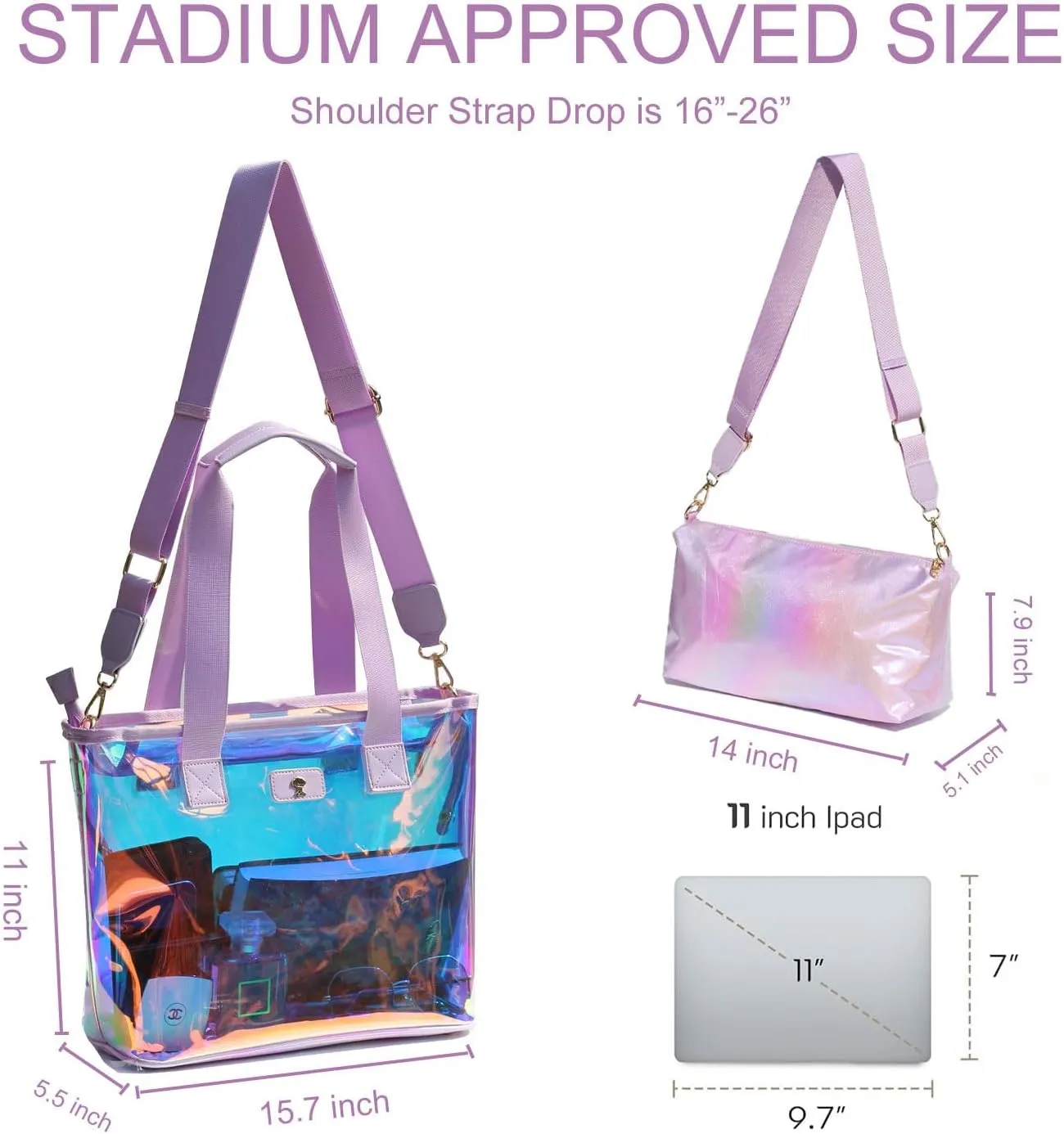 Iridescent Soap Bubble Clear Tote Bag – Stadium Approved with Bag-in-Bag Shoulder Design for Concerts, Beaches, Events