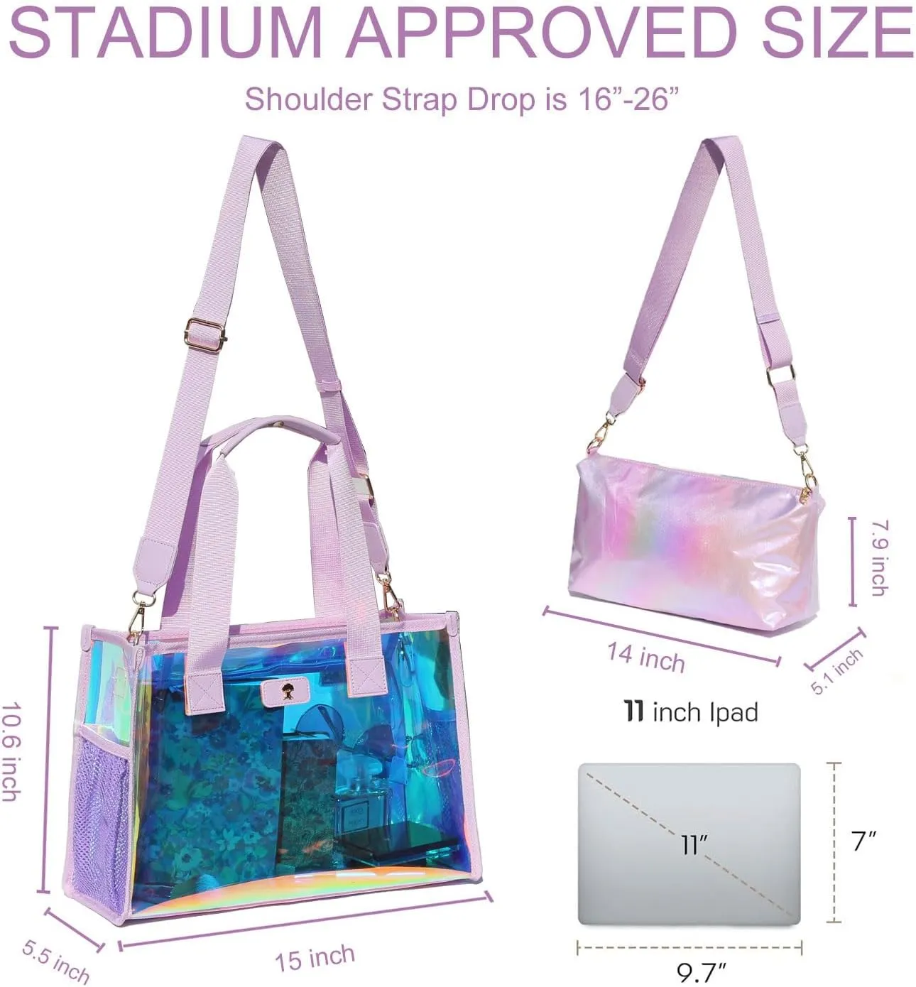 Iridescent Soap Bubble Tote Clear Bag for Stadium Events with Bag-in-Bag Shoulder Bag for Concert Beach