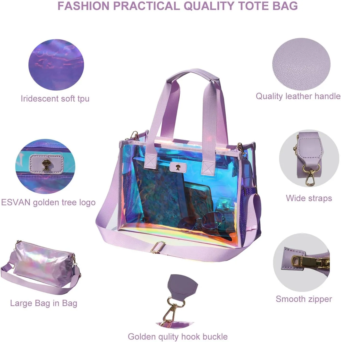 Iridescent Soap Bubble Tote Clear Bag for Stadium Events with Bag-in-Bag Shoulder Bag for Concert Beach
