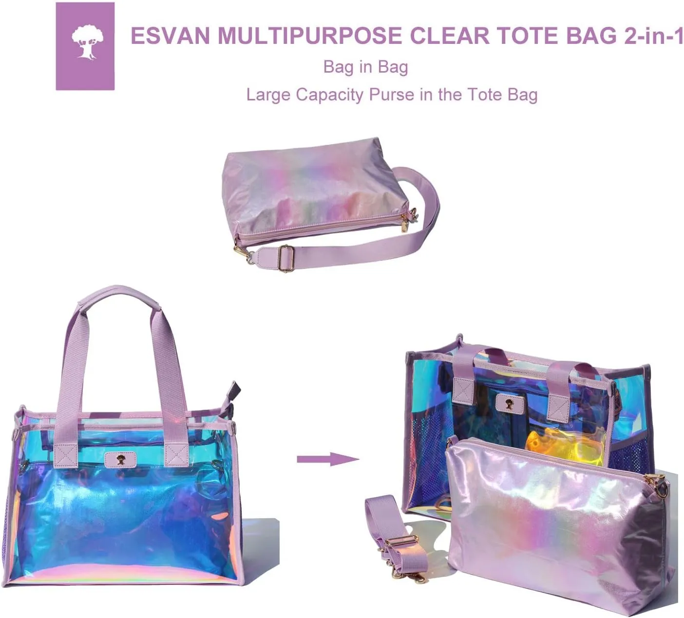 Iridescent Soap Bubble Tote Clear Bag for Stadium Events with Bag-in-Bag Shoulder Bag for Concert Beach