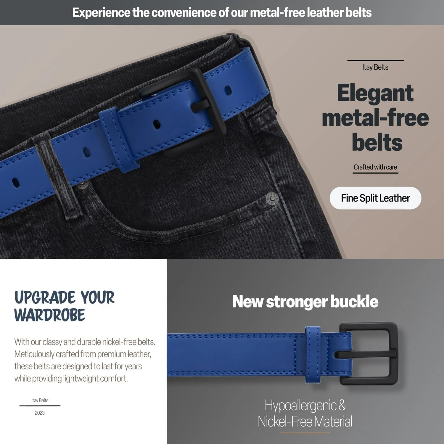 ITAY Metal Free Hypoallergenic Leather TSA Belt Strap, Sturdy Men's Adjustable Nickel Free Belt