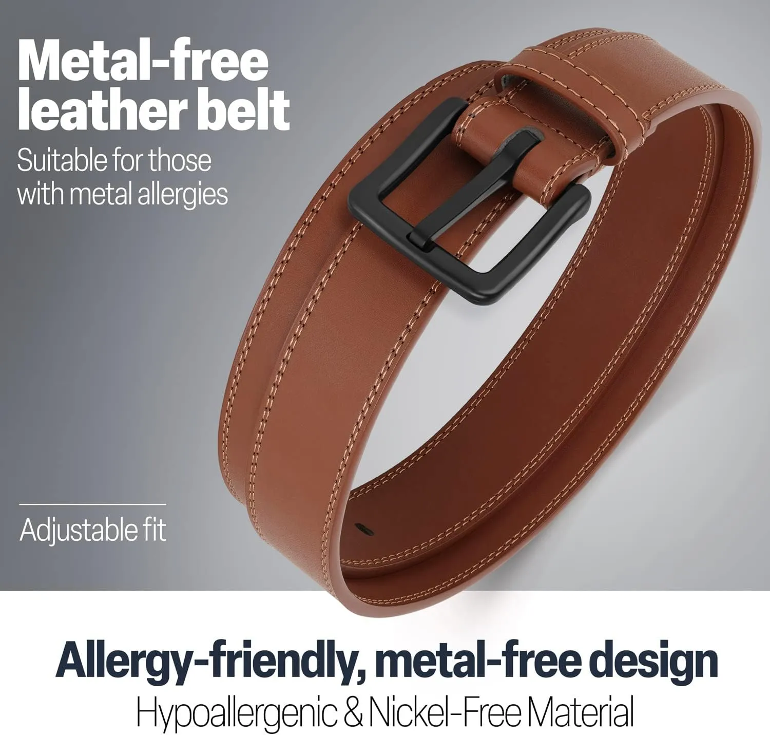 ITAY Metal Free Hypoallergenic Leather TSA Belt Strap, Sturdy Men's Adjustable Nickel Free Belt