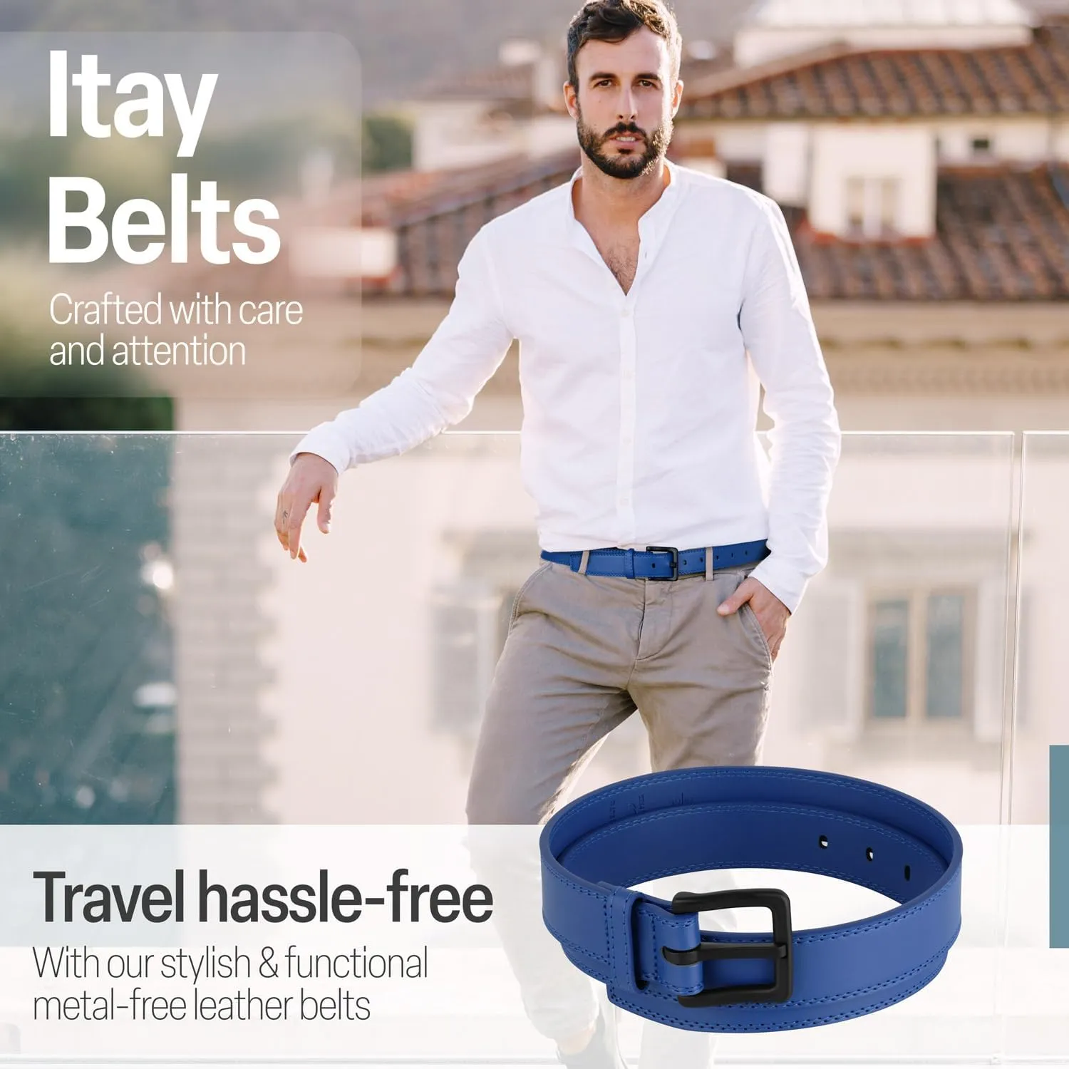 ITAY Metal Free Hypoallergenic Leather TSA Belt Strap, Sturdy Men's Adjustable Nickel Free Belt