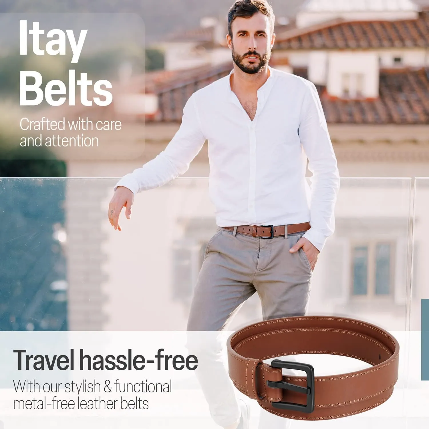 ITAY Metal Free Hypoallergenic Leather TSA Belt Strap, Sturdy Men's Adjustable Nickel Free Belt