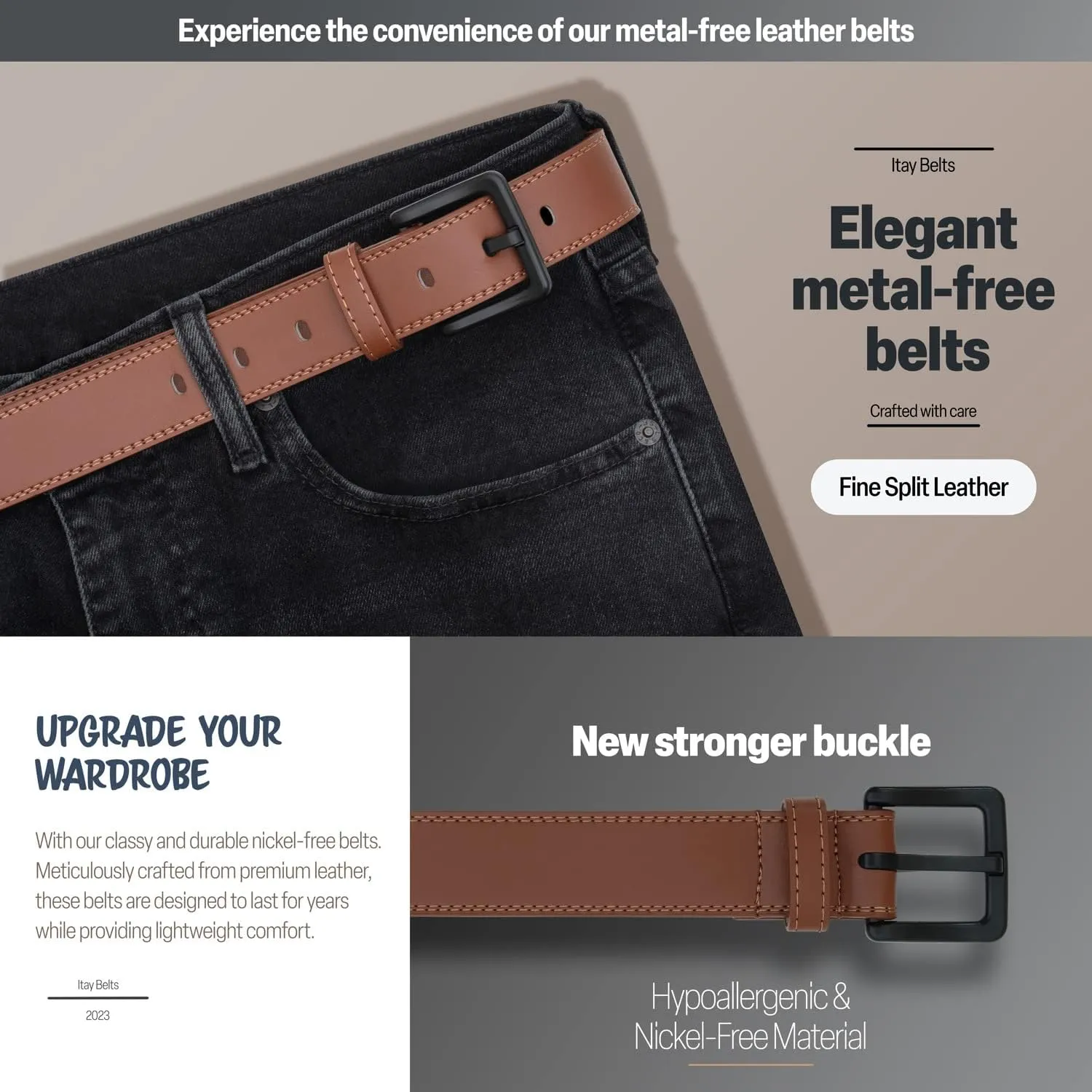 ITAY Metal Free Hypoallergenic Leather TSA Belt Strap, Sturdy Men's Adjustable Nickel Free Belt