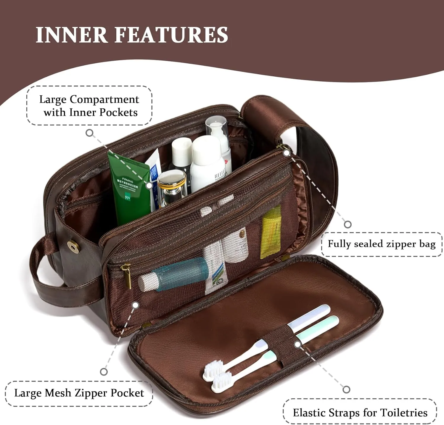Janhavi Customized Gifts for Men, Waterproof Travel size Toiletries Bag, Makeup Organizer Foldie Travel Bag, Mens Toiletry Travel Bag, Men's Accessories Organizer, Travel Essentials Men (Dark Brown S)