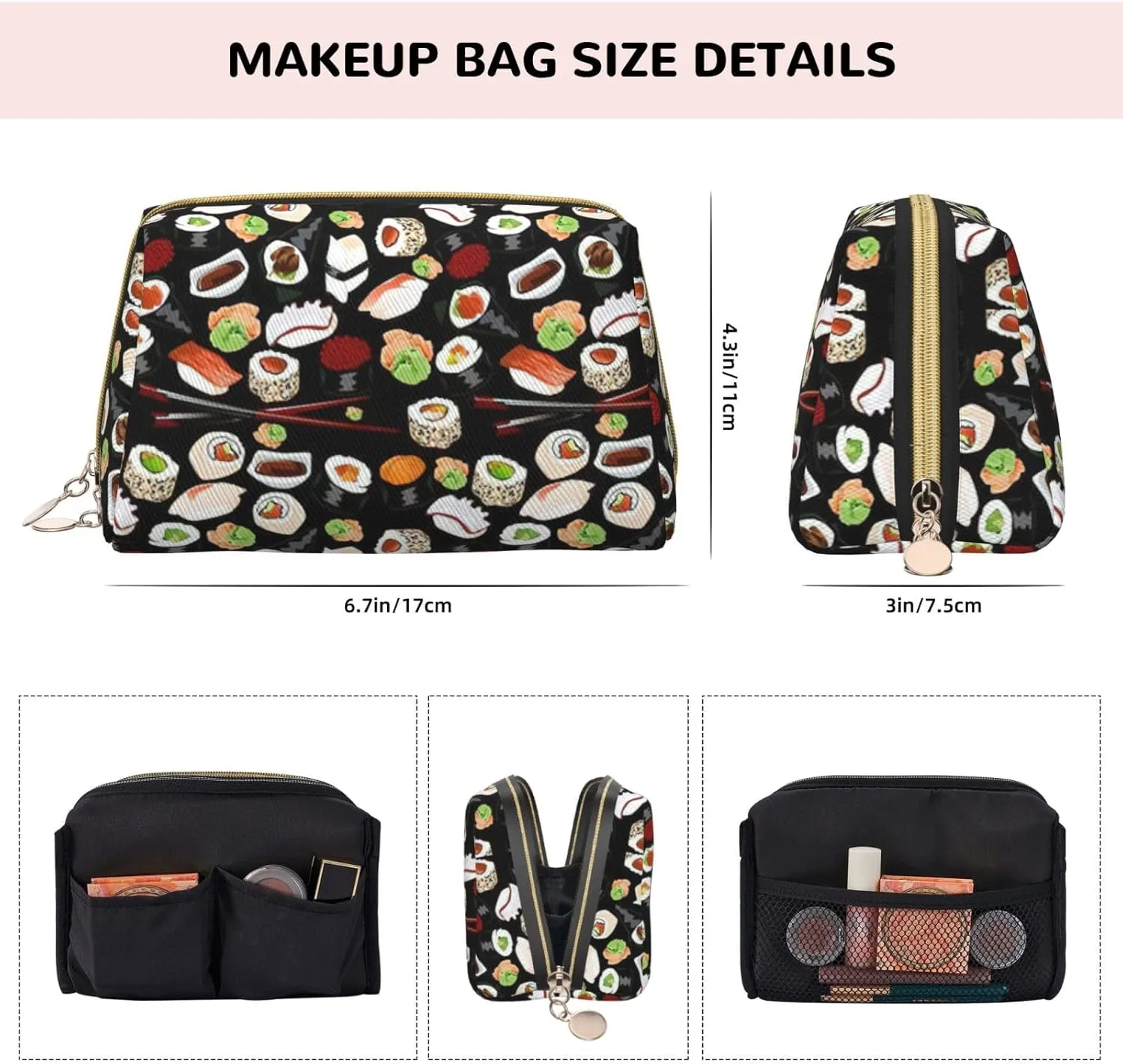 Japanese Sushi Black Toiletry Pouch, Travel-Friendly Makeup Organizer For Makeup Brushes, Lipsticks
